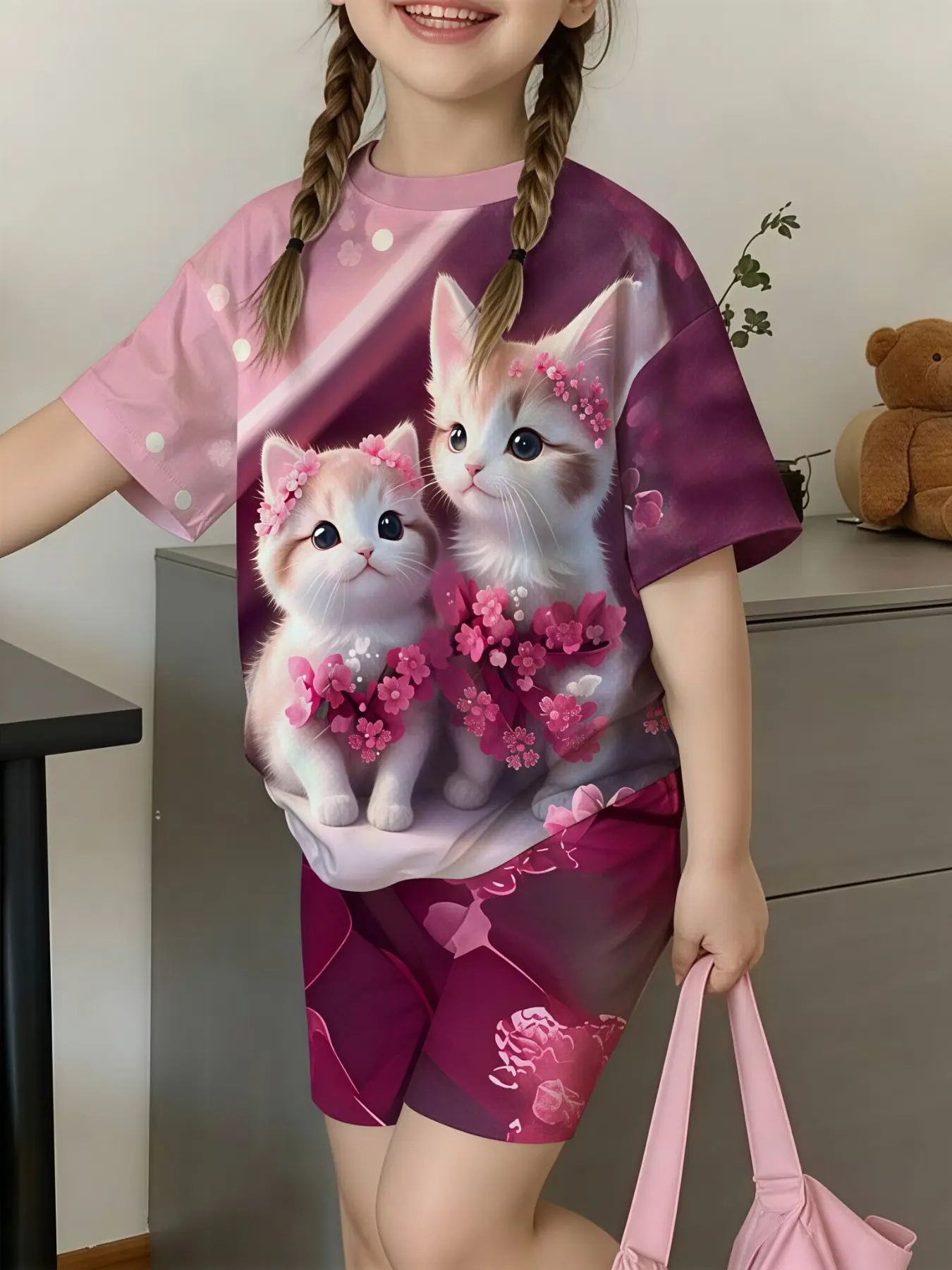 Toddler Girls Ombre Pink Purple Short Sleeve Tee Two Cute Floral Crown Kitten Full Print 2 Piece Set, Oversized Soft Top + Stretch Biker Shorts Fairy Cat Kids Summer Loungewear 2–10Y