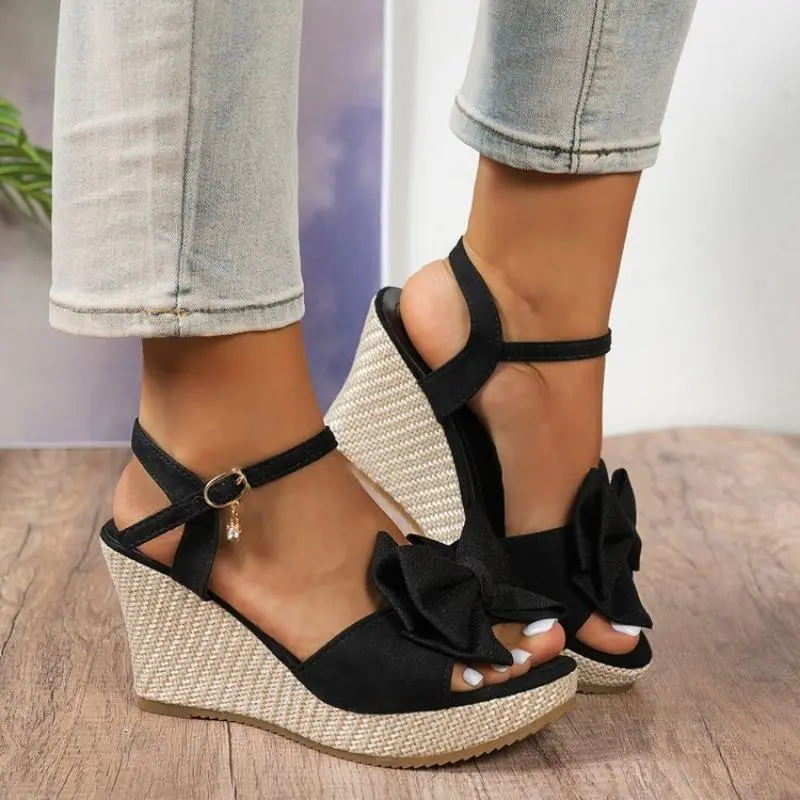 Women’s Large Bow Decor Wedge Platform Sandals, Skid Resistant Adjustable Ankle Buckle Strap Casual Daily Summer Beach Shoes, Footwear, Fashion, Heeled, Slip On, Street, Cute, Rubber Upper, Casual Wear, Ankle Strap