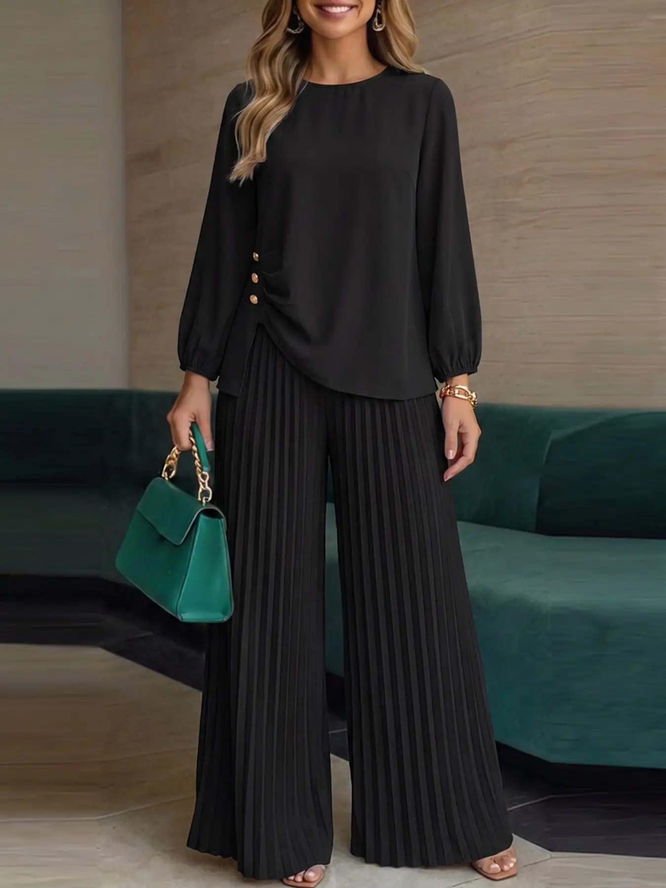 Women's Two-Piece Set, Asymmetrical Blouse and Wide-Leg Pants, Loose-Fit Casual Everyday Style, Plain Design, All-Season Wear