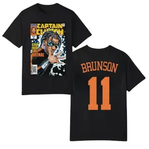 Men's Jalen Brunson Captain Clutch Comic Print T-Shirt - Knicks Basketball Oversized Breathable Cotton Menswear, Unisex Shortsleeve, Double-Sided Graphic, Player Number, Casual Gym Streetwear, Game Day Tee