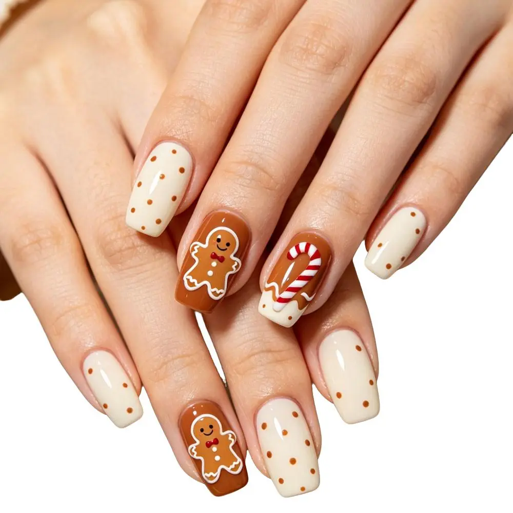 24pcs Gingerbread Man Candy Dot Nails, Square Wearable False Nails, Christmas Party Nails, Daily Use, Family Gathering Nails