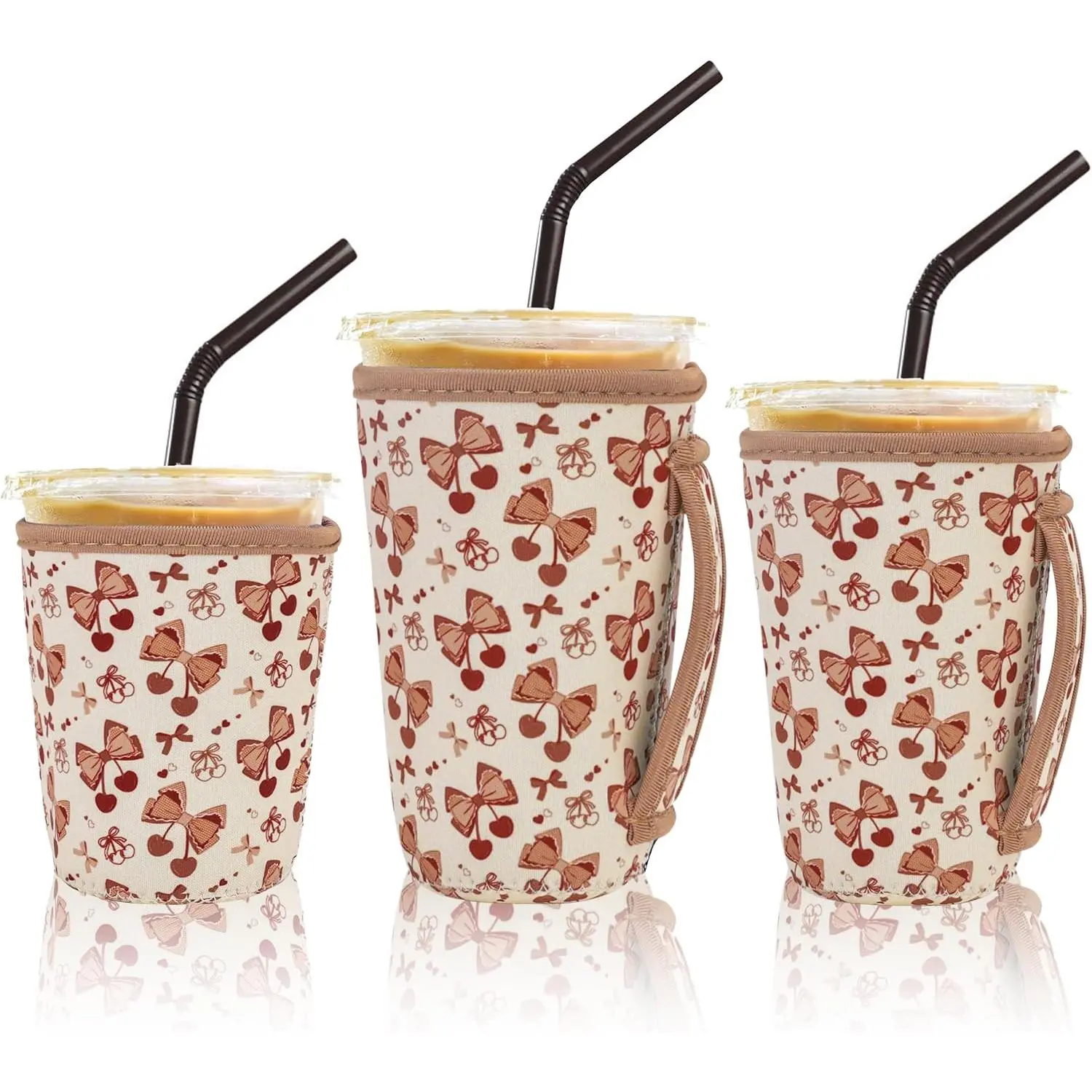 3 Pack Iced Coffee Sleeve, Drink Sleeve Fits 16-32 oz (Brown Bow) |  Neoprene Cup Sleeve with Handle, Coffee Cup Sleeves for Hot and Cold Drinks  Coffee Dunkin Coffee,