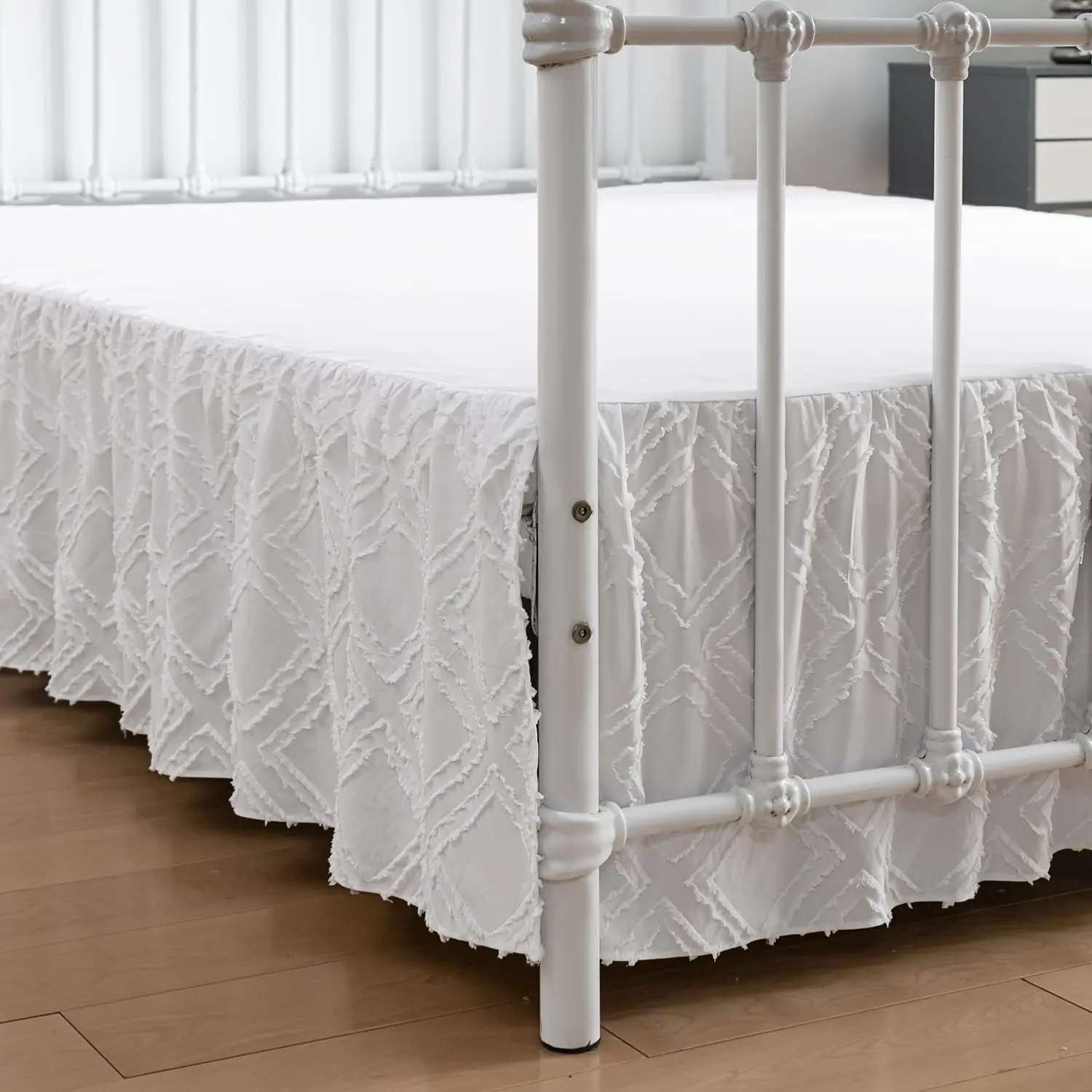 Bed Skirt King Size - Ruffled Bed Skirts with Split Corners |   King Bed Skirts 12 Inch Drop with Platform, Tufted Polka Dots, White, 12" King