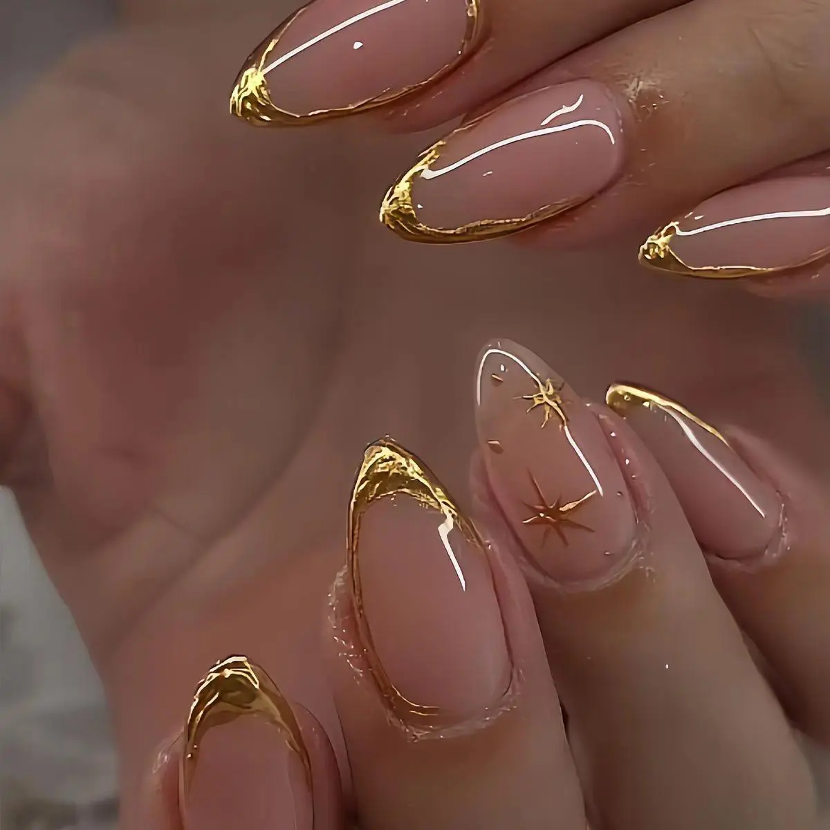30 Pcs Press On Nails, Short Almond Celestial French Tips with 3D Gold Foil, Reusable Full Cover Acrylic Manicure Kit for Women