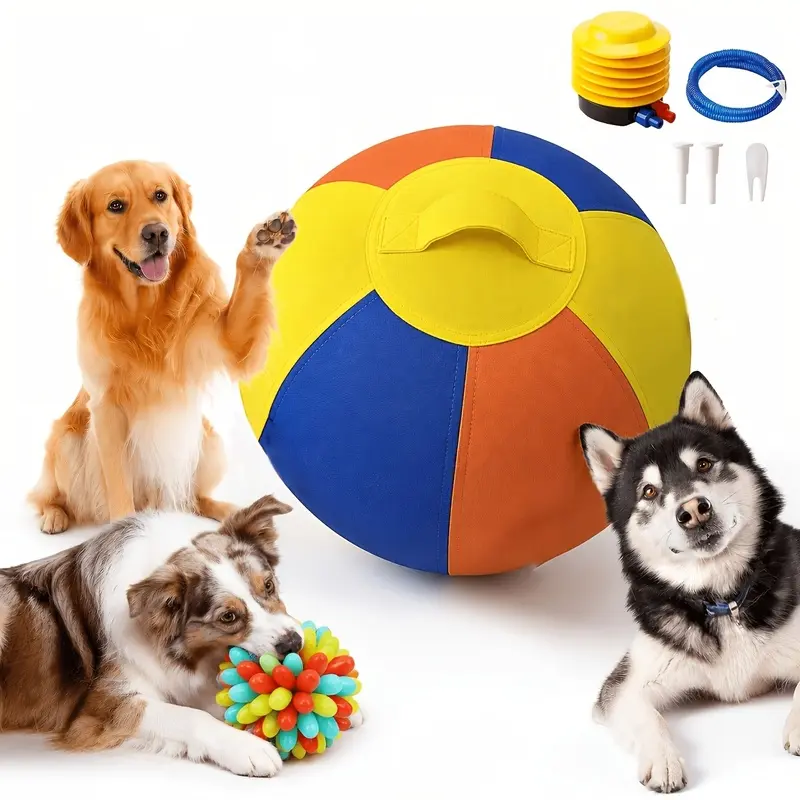 Premium 3-Color Giant Herding Ball with Grip Handle, Fully Inflatable Complete Kit, Durable Outdoor Interactive Training Toy for Medium & Large Dogs, Bonus Textured Chew Ball Included, Battery-Free Design