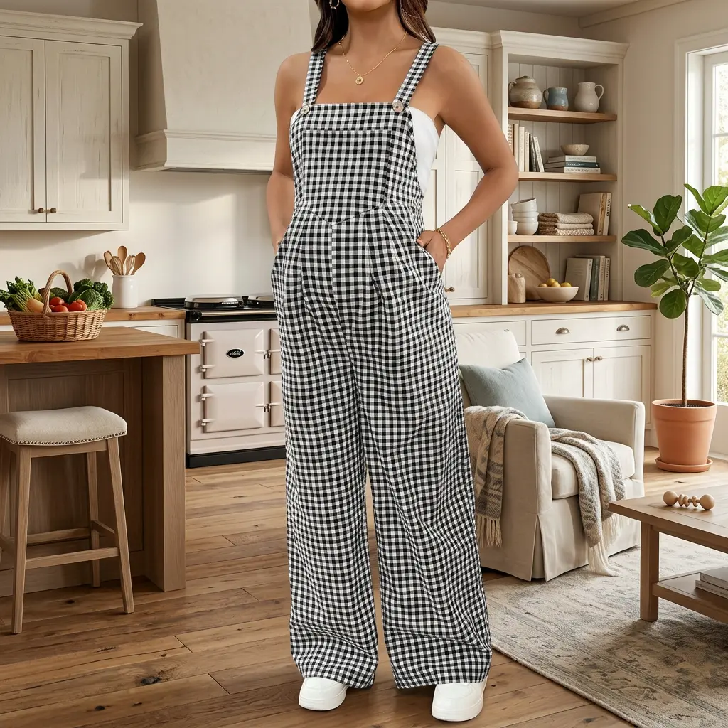 Dadamayar Women's Maternity Gingham Overalls, Breathable Sleeveless Cottagecore Jumpsuit with Pockets, Loose Wide-Leg Romper for Summer, Loose Fit, Wide Legs, Inverted Pleats, Skin Friendly, Safe