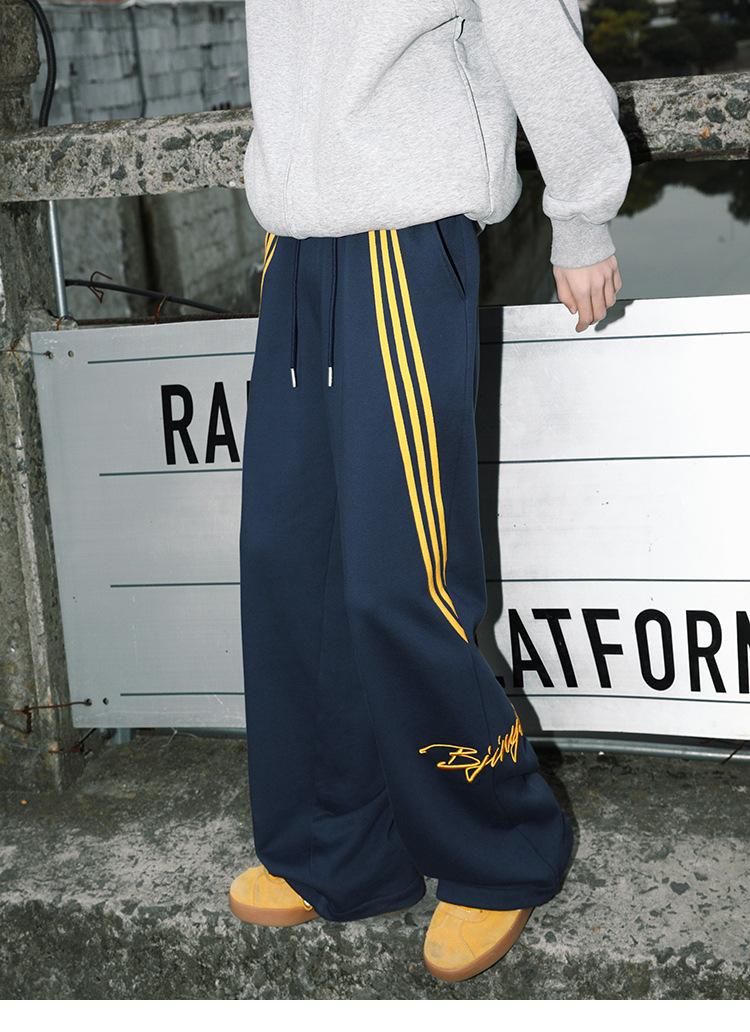 YYK Brand: Men's American Retro Casual Pants - 3-Stripe Design with 3D Waistband Trim; Spring/Autumn Straight-Leg, Loose-Fit Athletic Sweatpants