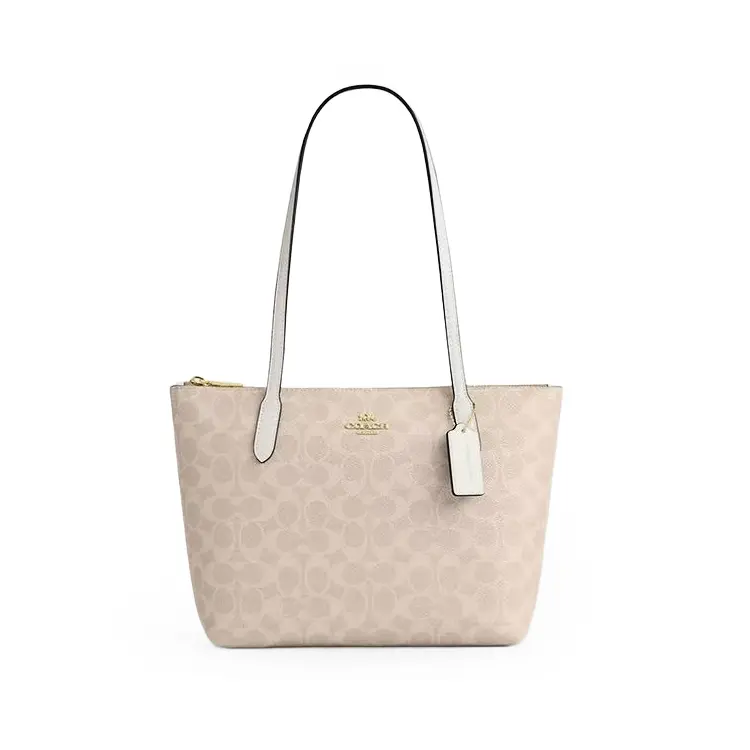 Coach Fiona 24 Tote Bag for Women – Logo-Embossed Synthetic Leather Shoulder Bag in Sand Beige and Chalk White