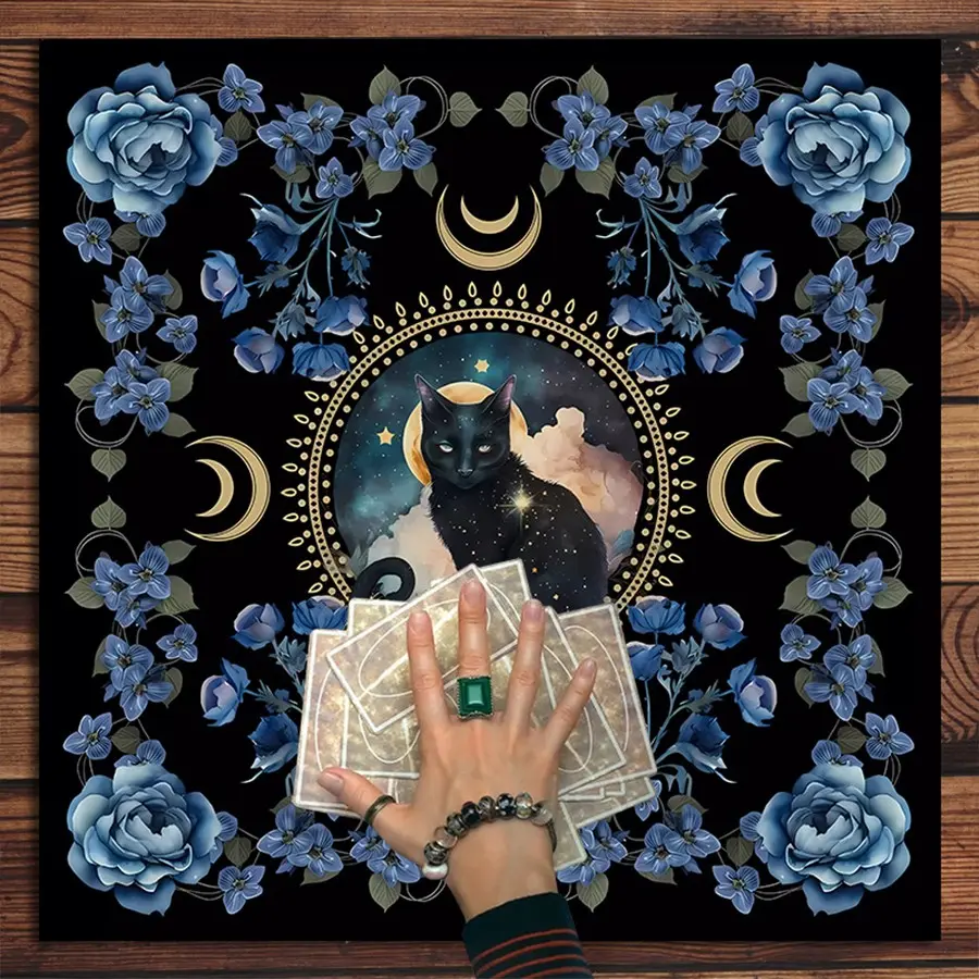 1pc Black Background Mystic Black Cat Tarot Cloth Blue Peony Floral Golden Crescent Moon Frame Altar Mat Soft Fabric Tarot Spread Table Tapestry Witchy Spiritual Meditation Room Decor Gift