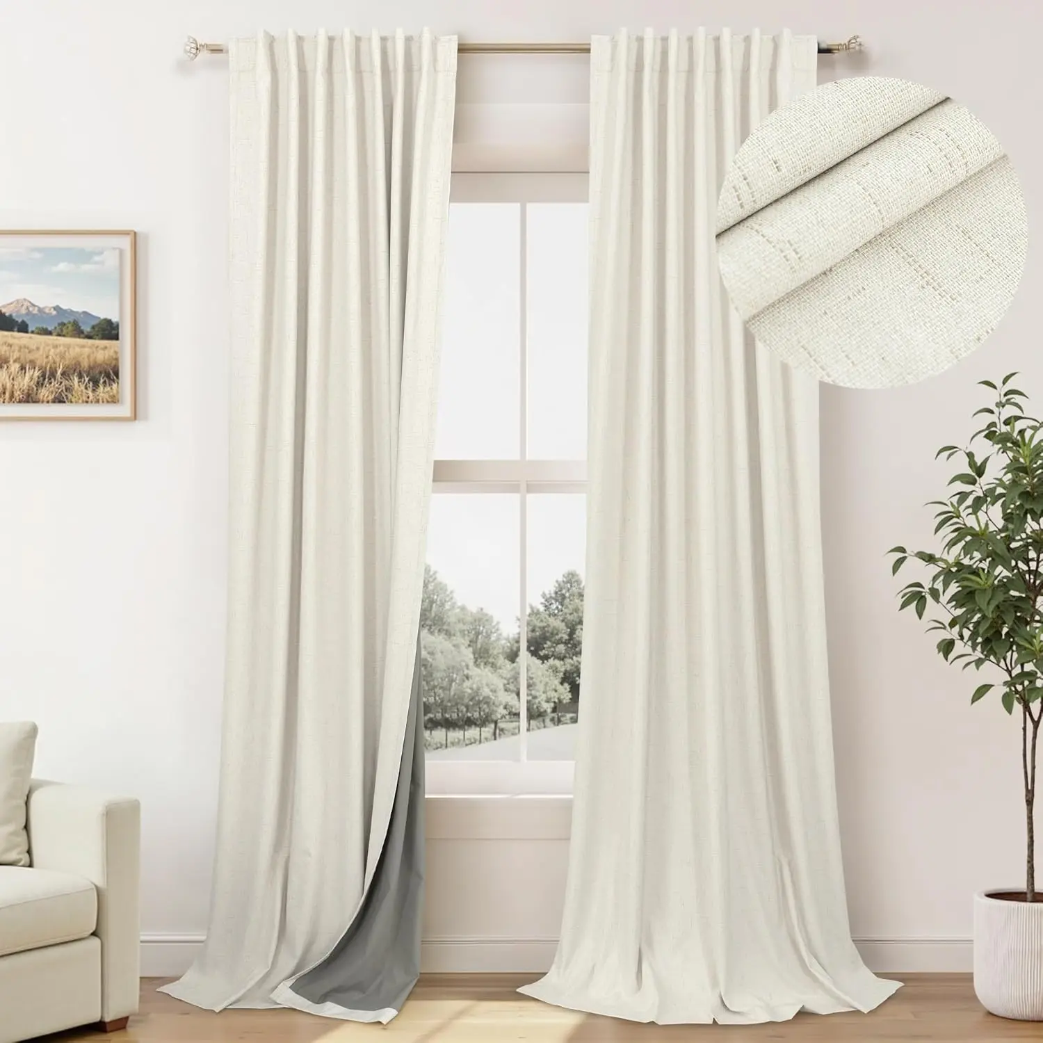 100% Blackout Curtains 84 Inch Length 2 Panels Set Neutral Boho Farmhouse for Bedroom Windows Living Room Darkening Thermal Drapes Natural Ivory 7ft Long Back Tab Pleated