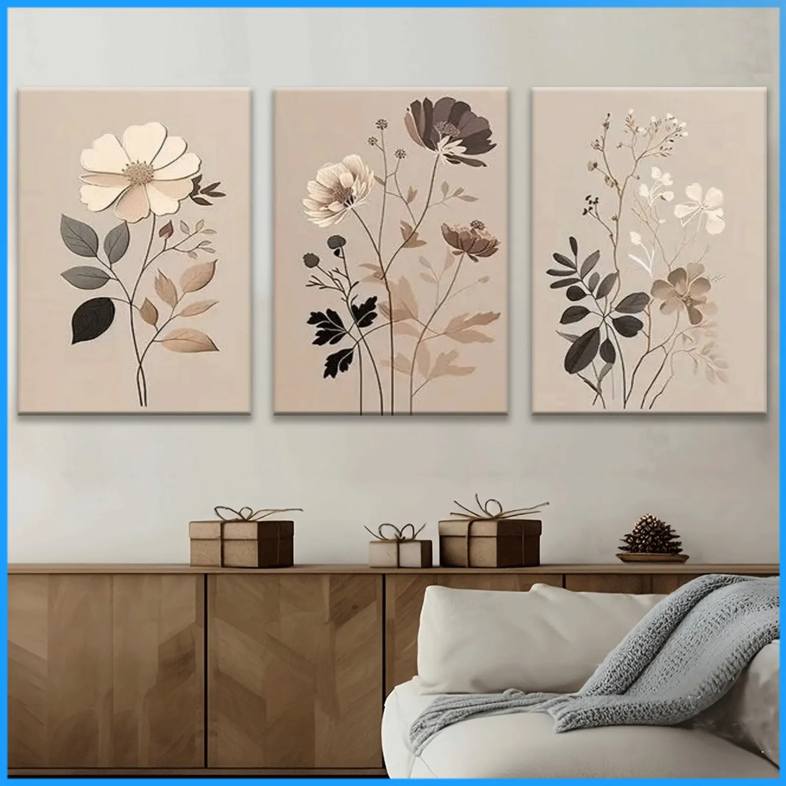 3-Piece Neutral Floral Triptych Canvas Wall Art, 2D Decorative Painting, Affordable Home Decor for Kitchen, Poster for Room Accent