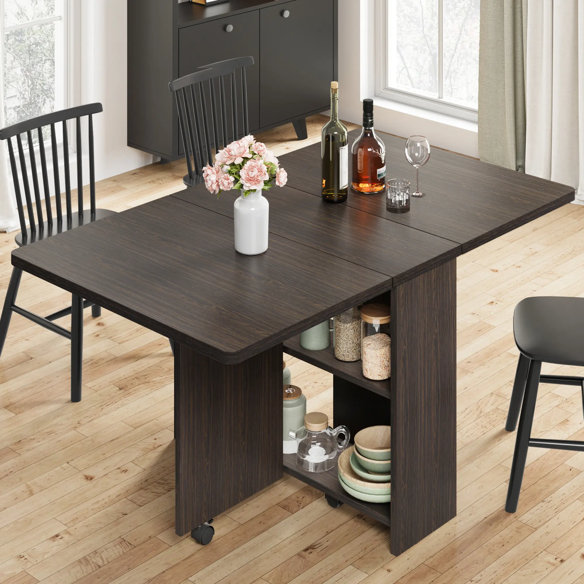 Space-Saving Folding Drop Leaf Dining Table with 6 Lockable Wheels, 2-Tier Storage, Rolling Compact Extendable Kitchen Table for Small Apartments, Dorms, Studios, RV, or Home Office,Easy Assembly