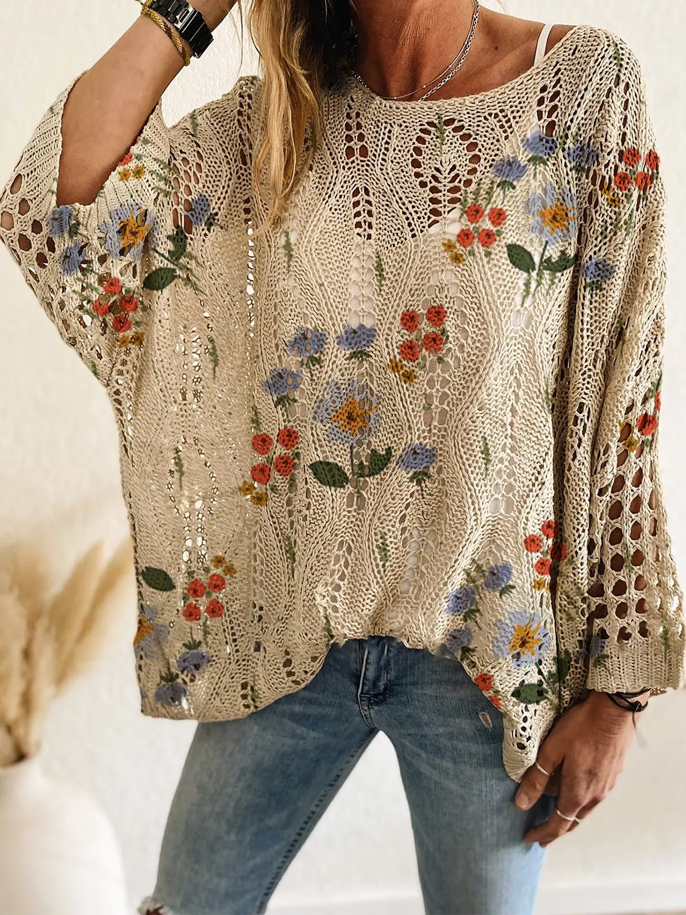Spring Summer Women's Knit Top, One Shoulder Hollow Out Batwing Sleeve, Plant Print Long Sleeve, Casual Elegance Commuter Wear