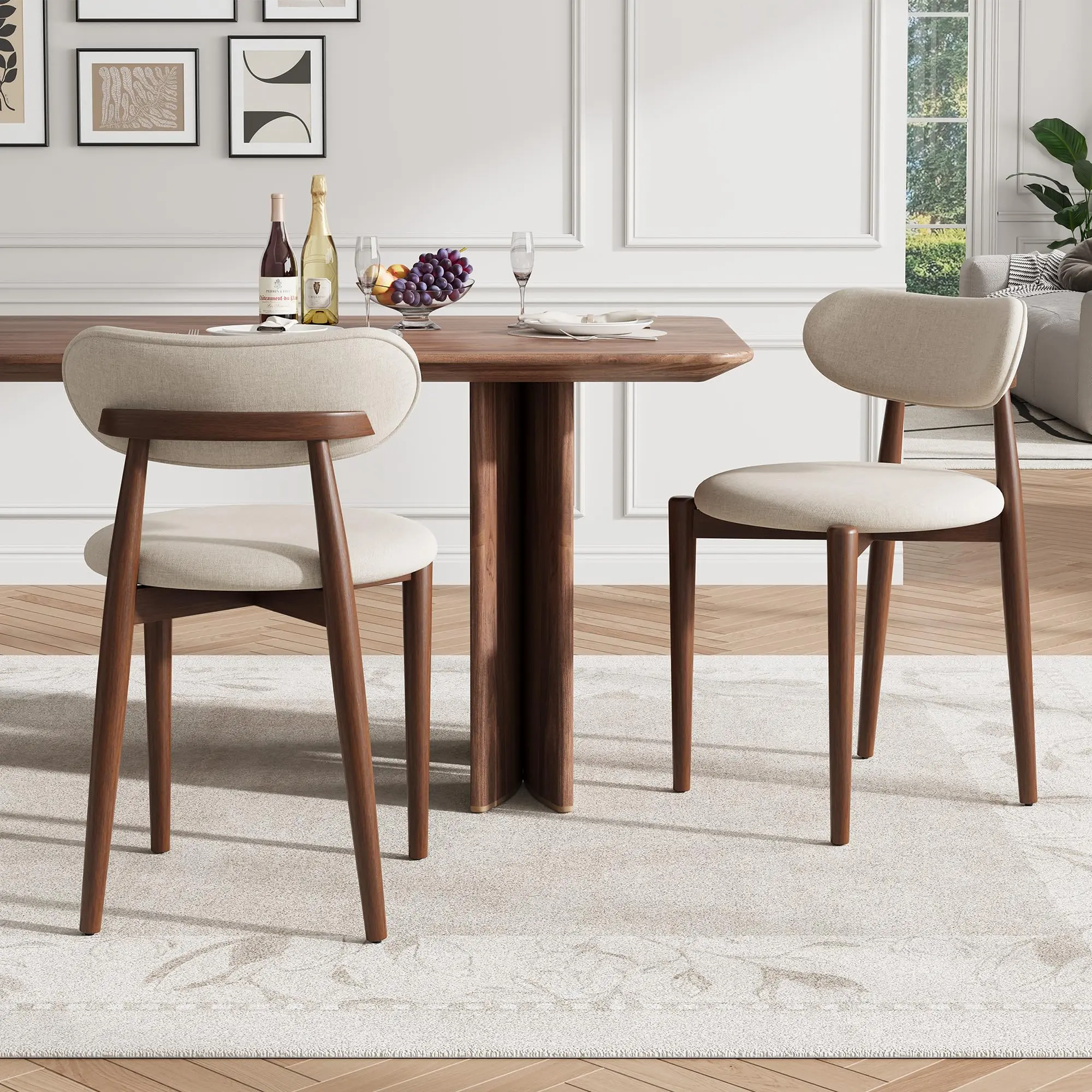 Wooden Dining Chairs Set of 2 – Modern Fabric Upholstered Kitchen Chairs with Wood Legs, Farmhouse Side Chairs for Dining Room & Vanity