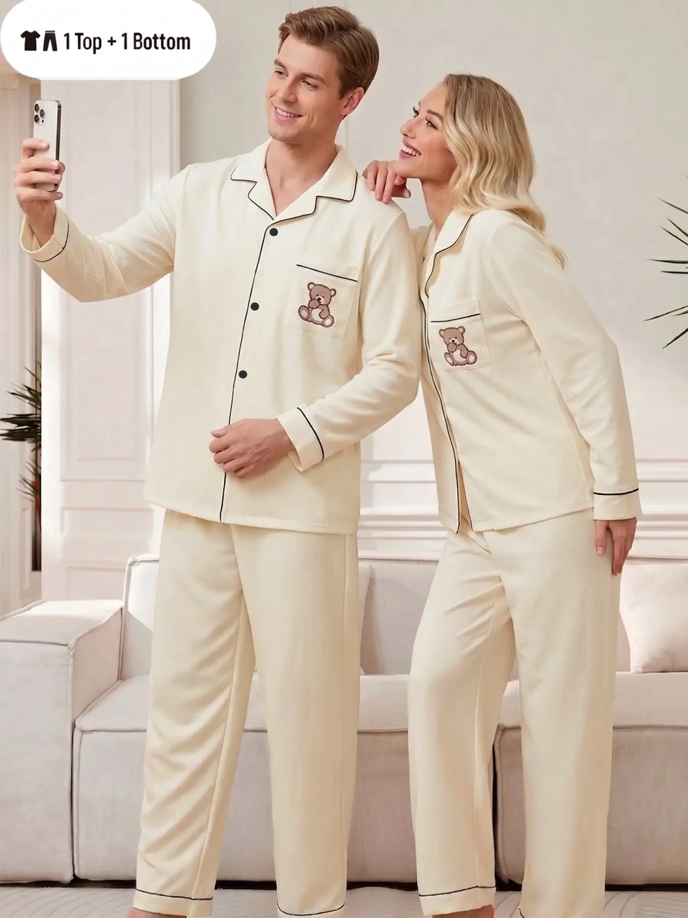 Long Sleeve Couples Pajamas, Bear Pattern Button Front, Casual Fitted Sleepwear, Ideal Gift for Lovers, All-Season Home Clothes