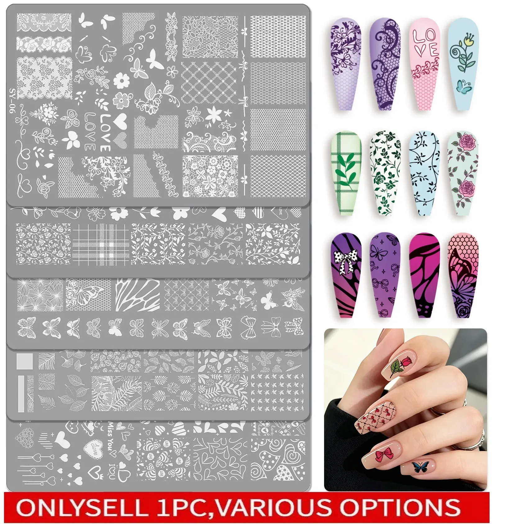 1PC Stainless Steel Nail Art Stamping Plates, Floral Butterfly Lace Skull Abstract Line Nail Art Stencil Templates, Reusable Manicure Transfer Stencils for Salon & Home DIY Nail Decoration