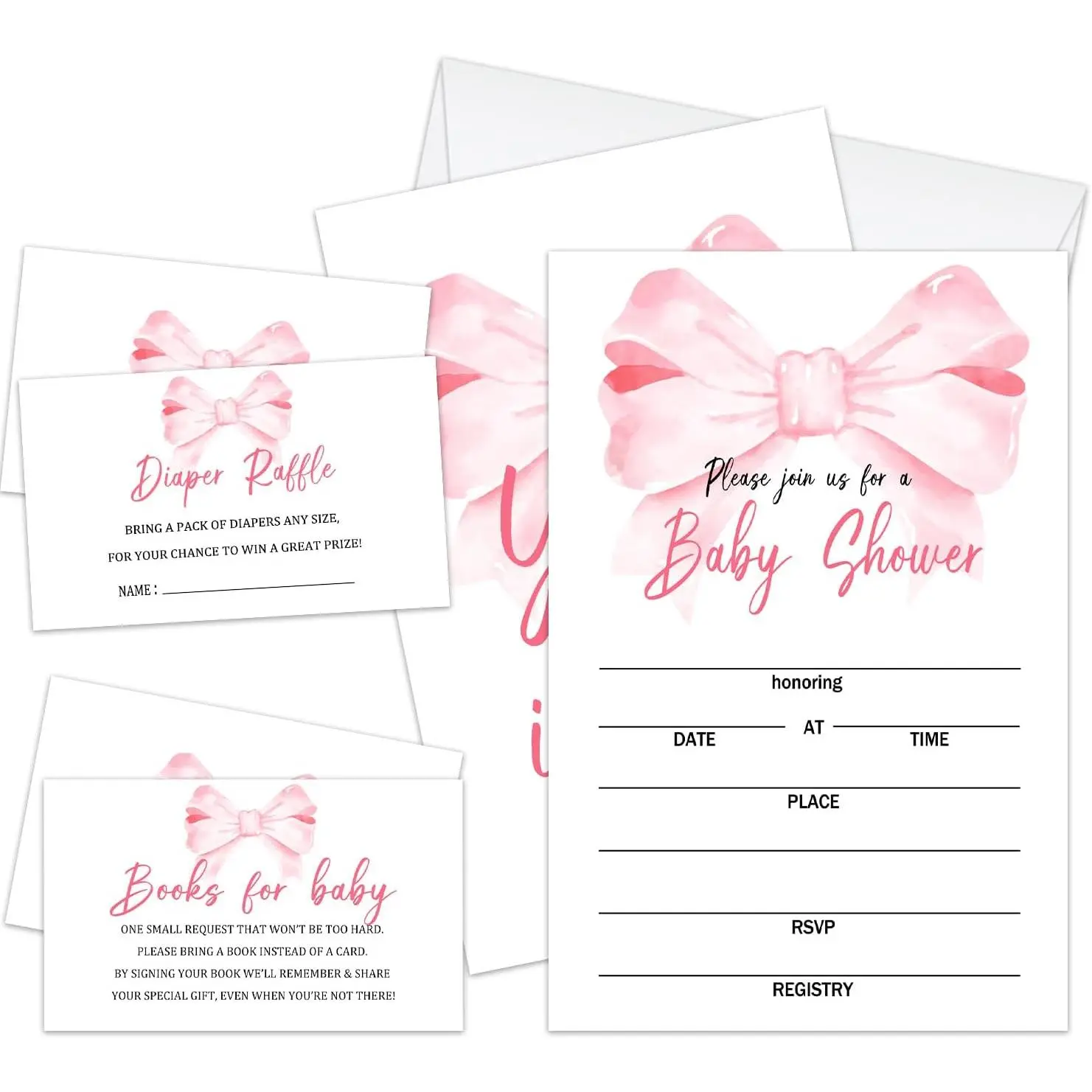 It's a Girl Baby Shower Invitations for Girl, Set of 25 Pink Bow Baby Shower Invites Gender Reveal Invites Cards with Envelopes, Book Request Cards, Diaper Raffle Tickets for Party Supplies /06