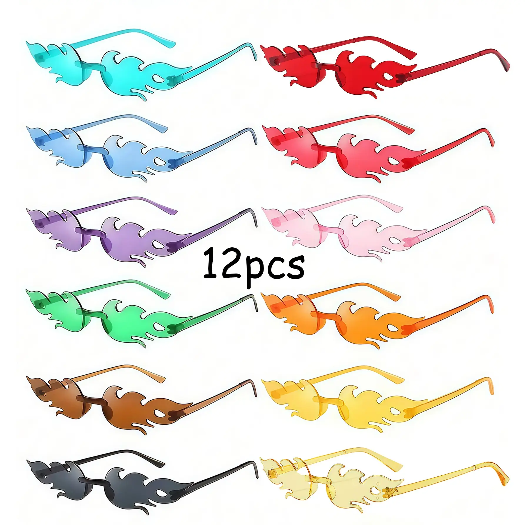 12 Pairs Flame-Shaped Frameless Colorful Party Glasses, Wave Design, Theme Party Supplies, Festival Party Supplies, Neutral Party Accessories, Photo Props, Beach Decor, Fashionable