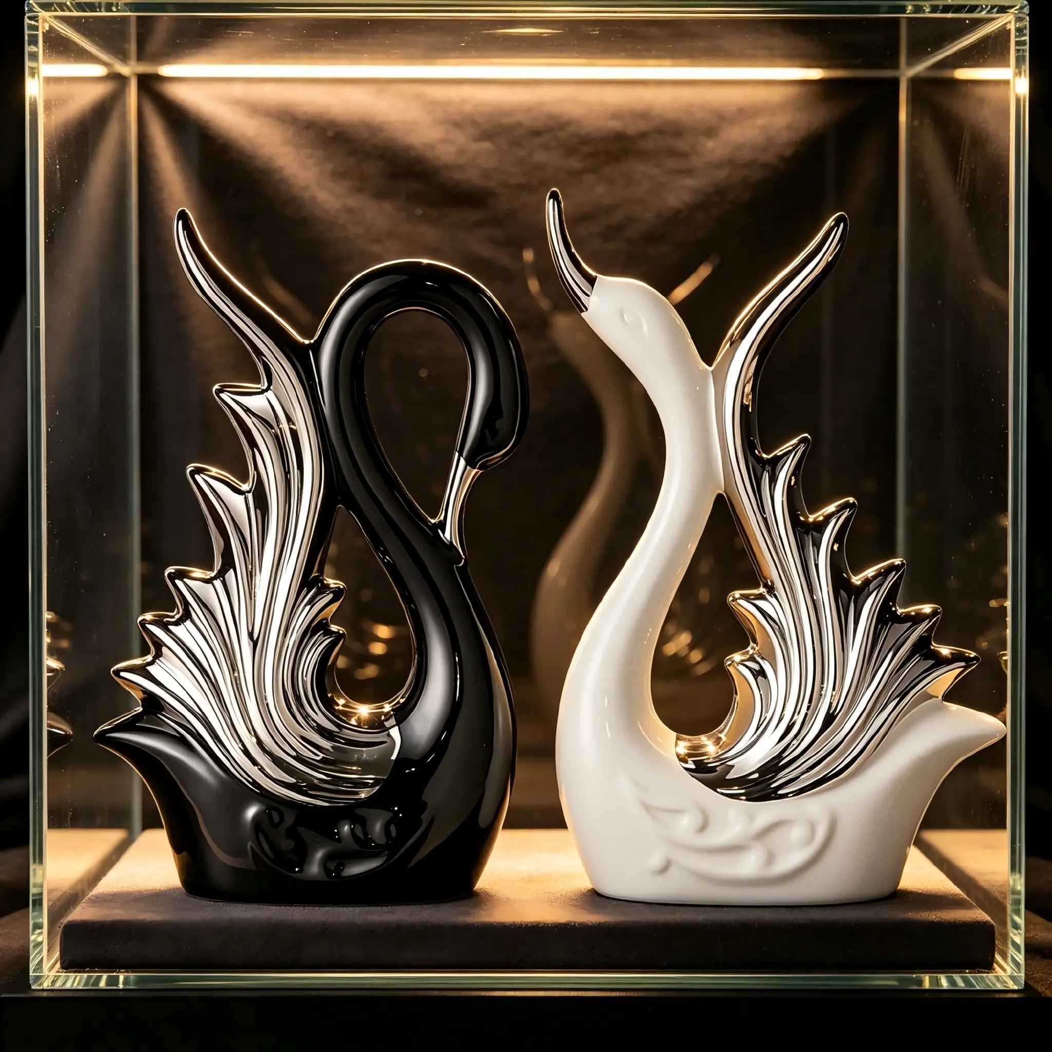 Couple Swan Ceramic Ornament Set, Silver Color Abstract Sculpture, Modern Minimalist Desktop Decor, Desktop Ornaments, Romantic Gift for Wedding Anniversary