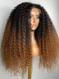 Ombre Brown Soft Long 26 Inch 180 Density Natural Kinky Curly Front Lace Wig, Synthetic Glueless Heat Resistant Synthetic Hair, Daily Wear Pre-plucked