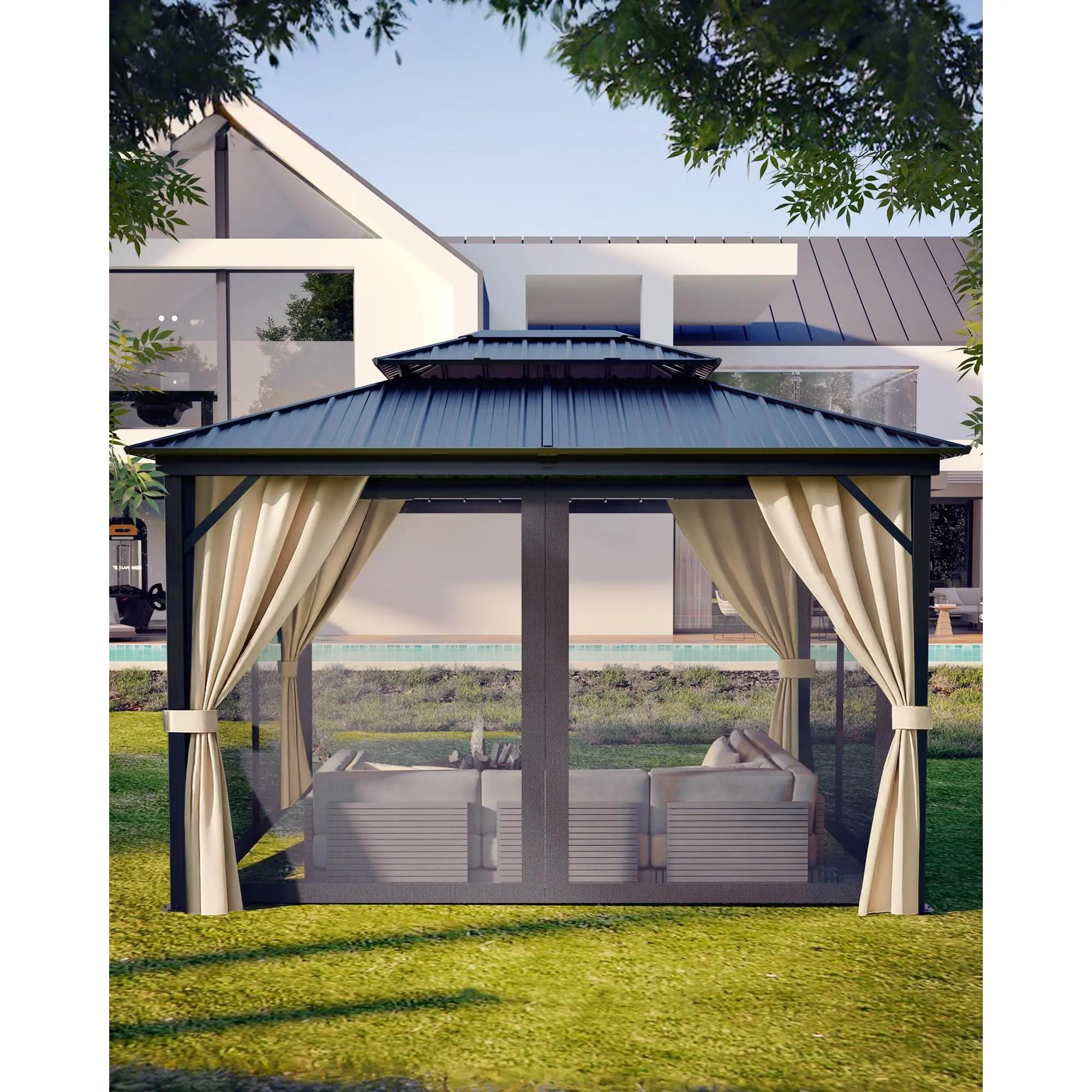 Hardtop Gazebo 12x14 with Double Metal Roof - Aluminum Frame, Curtains & Netting, Permanent Outdoor Shade for Patio