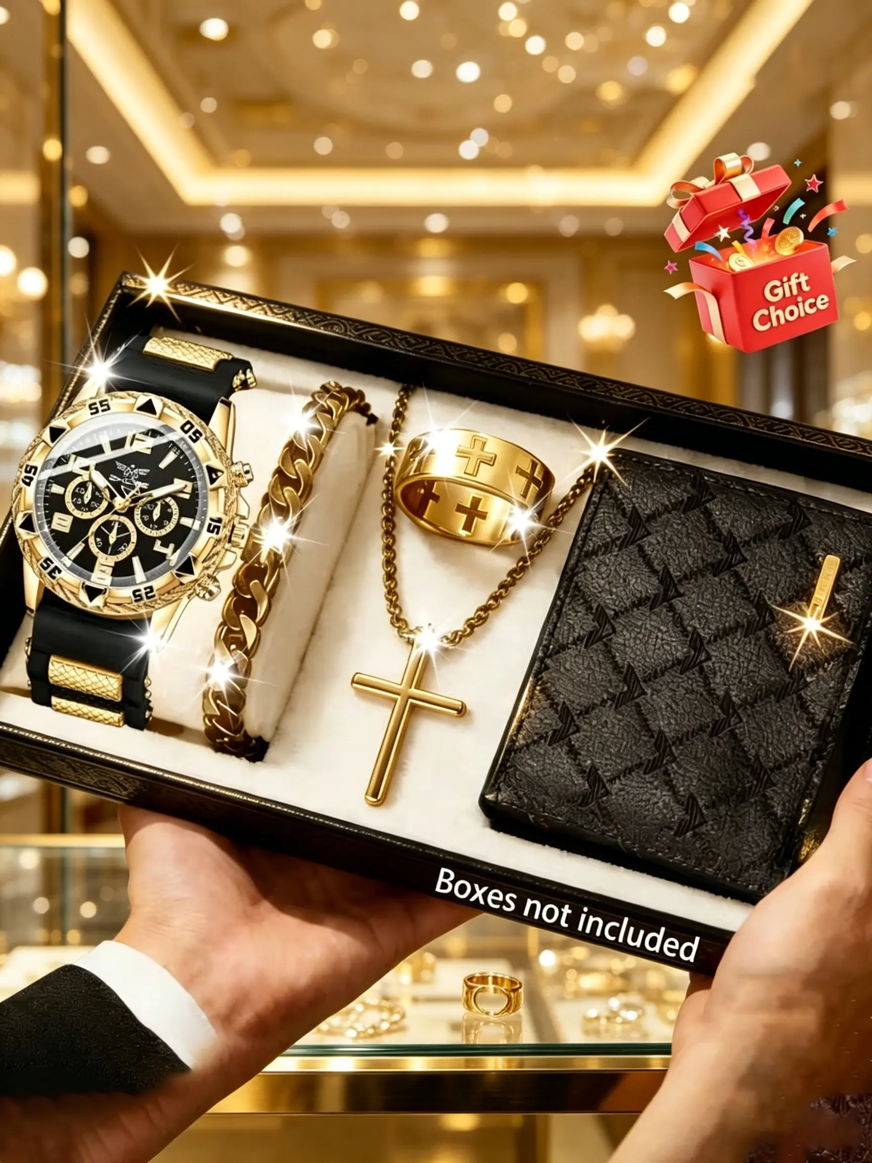 5pcs Men's Luxury Gift Set, Accessories Set, Sports Watch, Cross Pendant, Wallet, Perfect for Birthday, Father's Day, Christmas, Valentine's Day