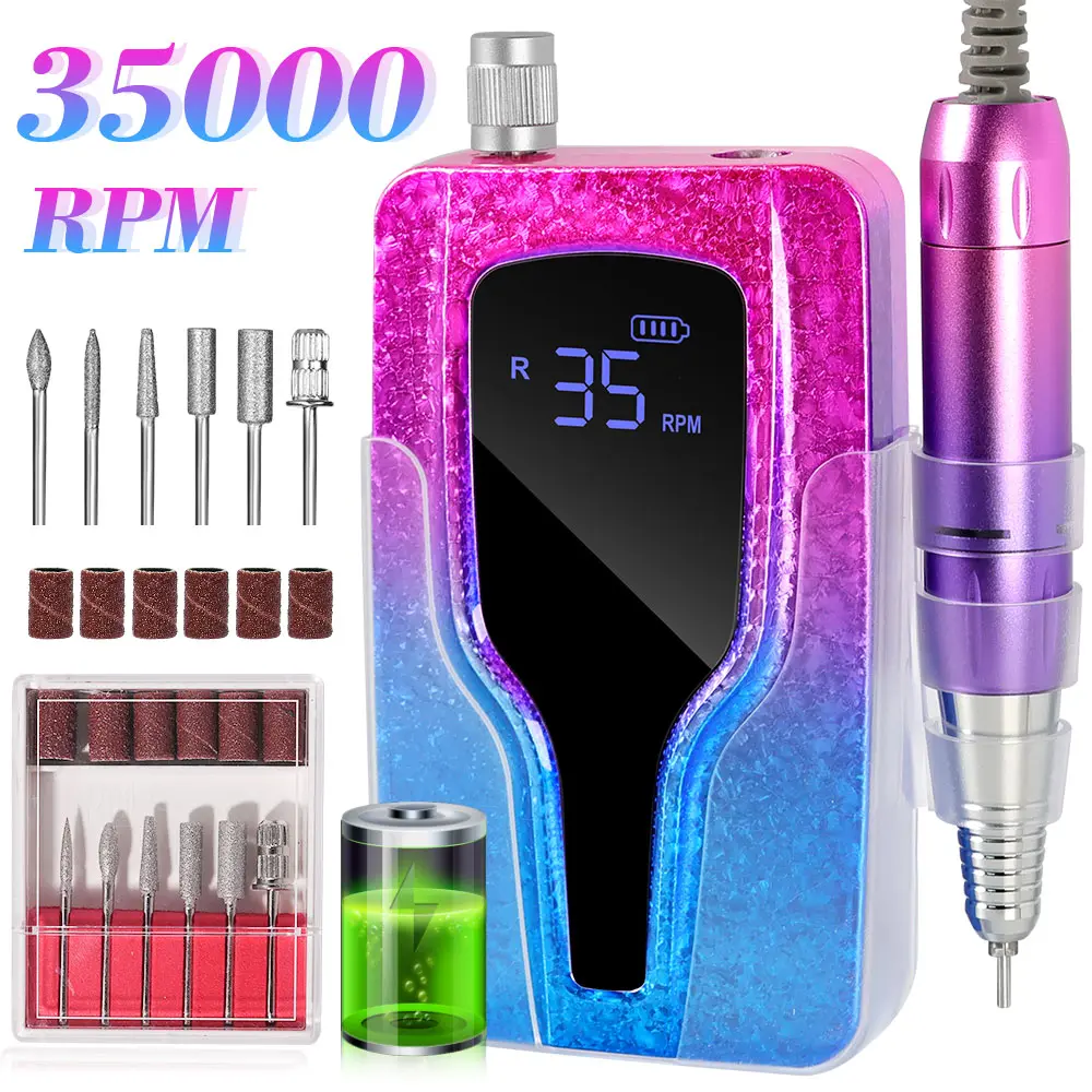 Professional Electric Nail Drill, 45000 RPM Cordless Rechargeable E-File Machine, With 12 Bits, Sanding Bands, LCD Display For Acrylic Gel Nails, Manicure, Nail Care