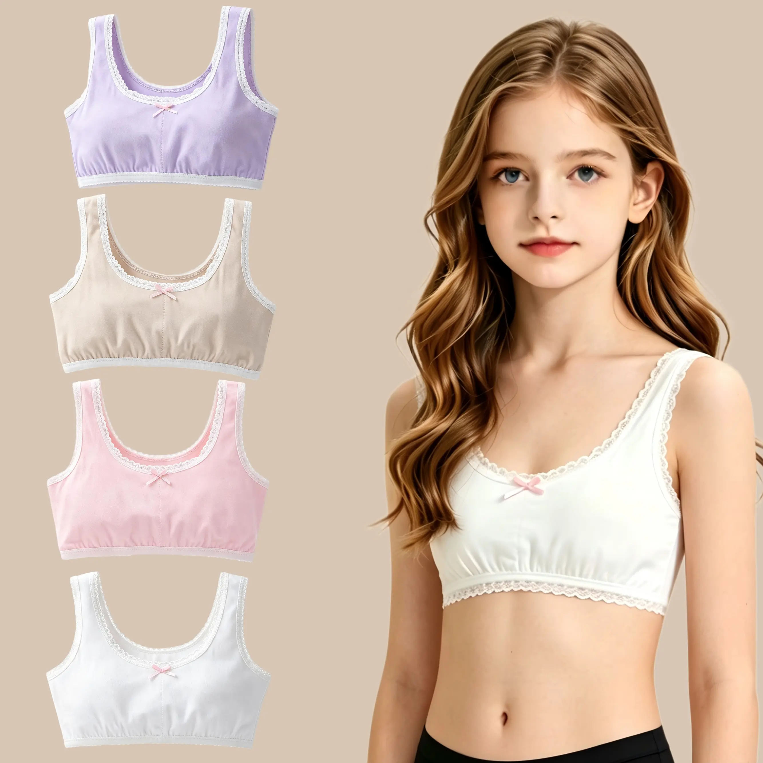 Girls' 4-Pack Training Bras, Lightweight 95% Cotton Elastane Plain Cami Bralette, Wide Strap Lace-Trim Loungewear for School/Sports, Backless, Sleeveless, Slight, Solid-Color Lace, Yes