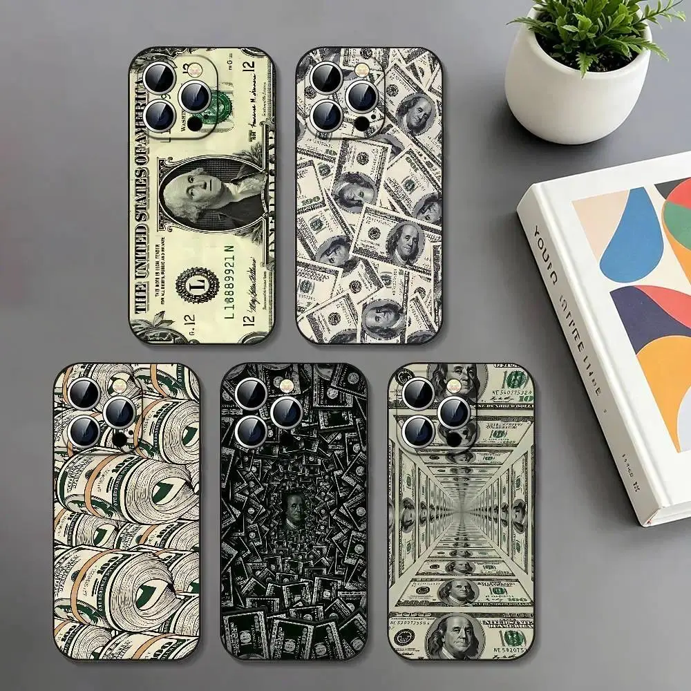 Money Theme Slim Black Shockproof Protective Phone Case, High Detail, Lightweight, Multi-Model Cover for iPhone 11-17 Pro Max/Plus & Samsung Galaxy S23-S25