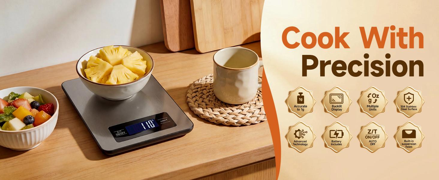 Digital Kitchen Scale & Food Weight Scale with Hang Loop, 11lb Baking Scale for Home and Kitchen, Precise Scales with Grams and Ounces, Stainless Steel (Silver)