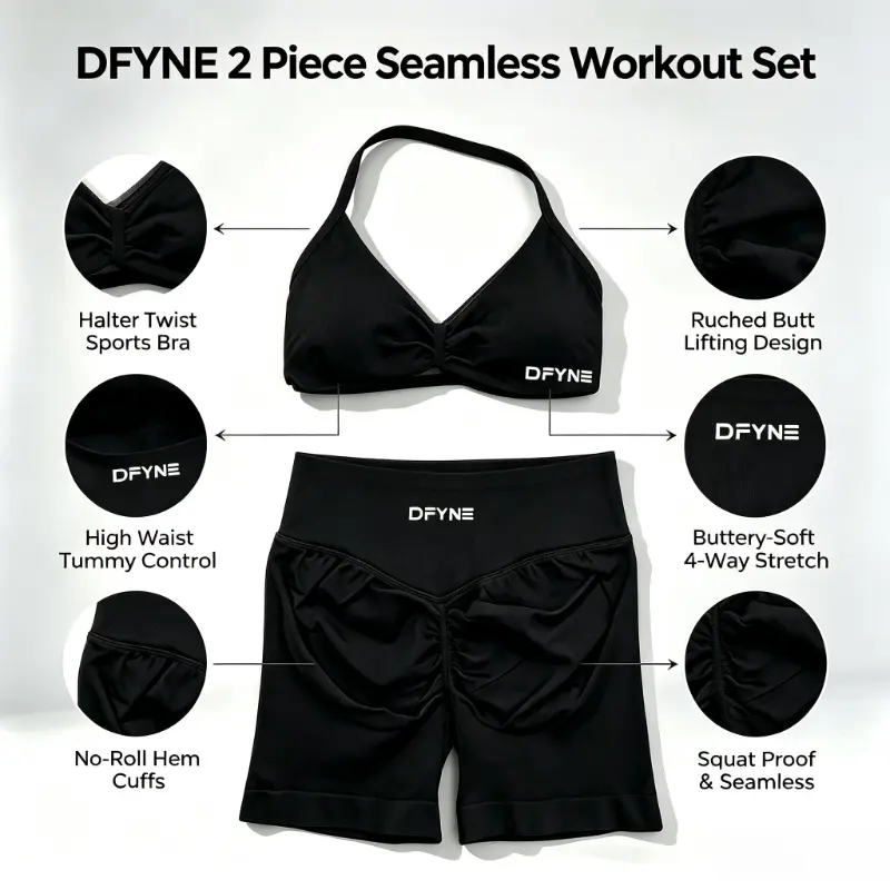 DFYNE Seamless 2 Piece Workout Set – Halter Sports Bra & High Waist Glute Contour Shorts for Women