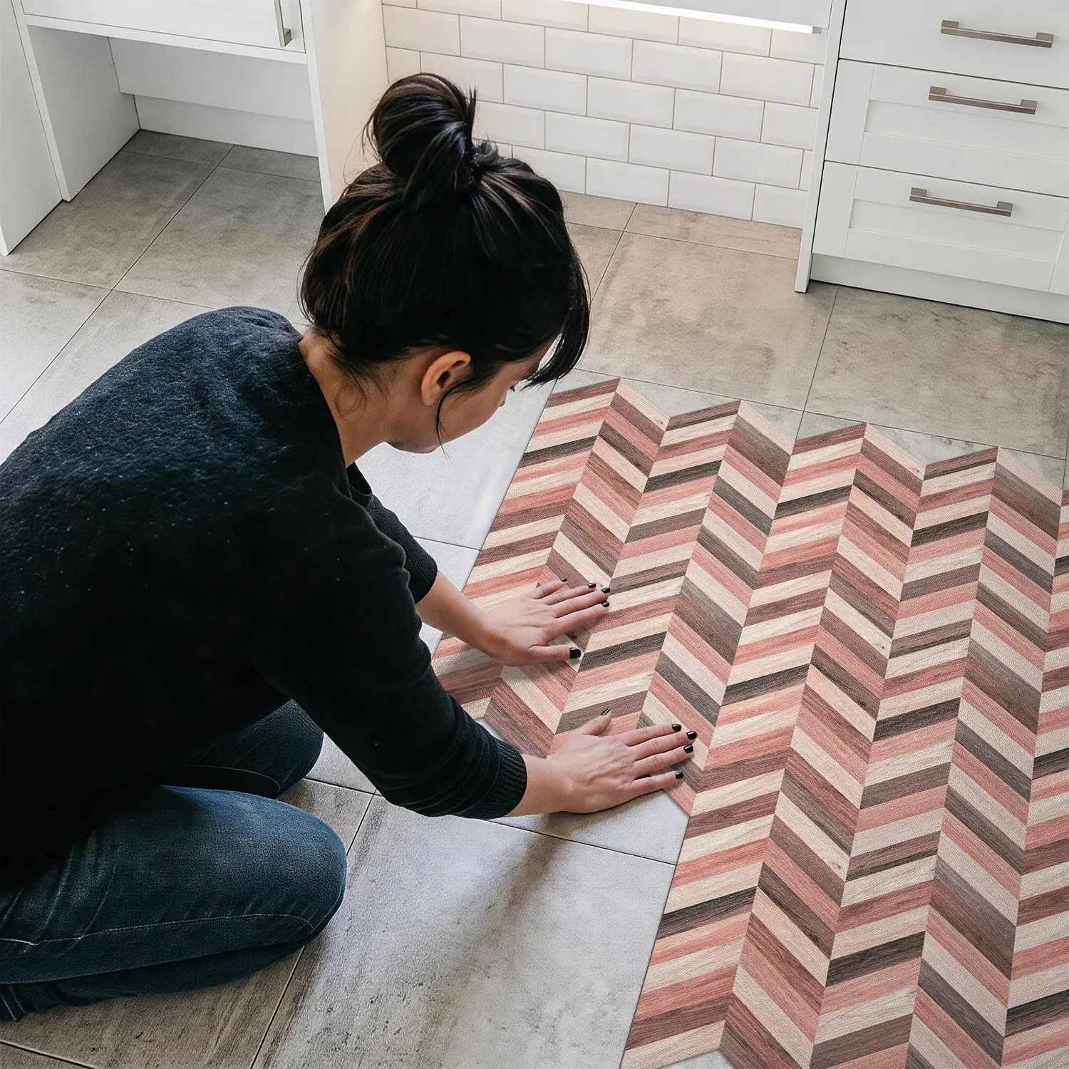 DIY Herringbone Wood Look Floor Stickers 30x30cm, Thickened 0.72mm PVC, Waterproof Self Adhesive Vinyl Flooring for Home Decor