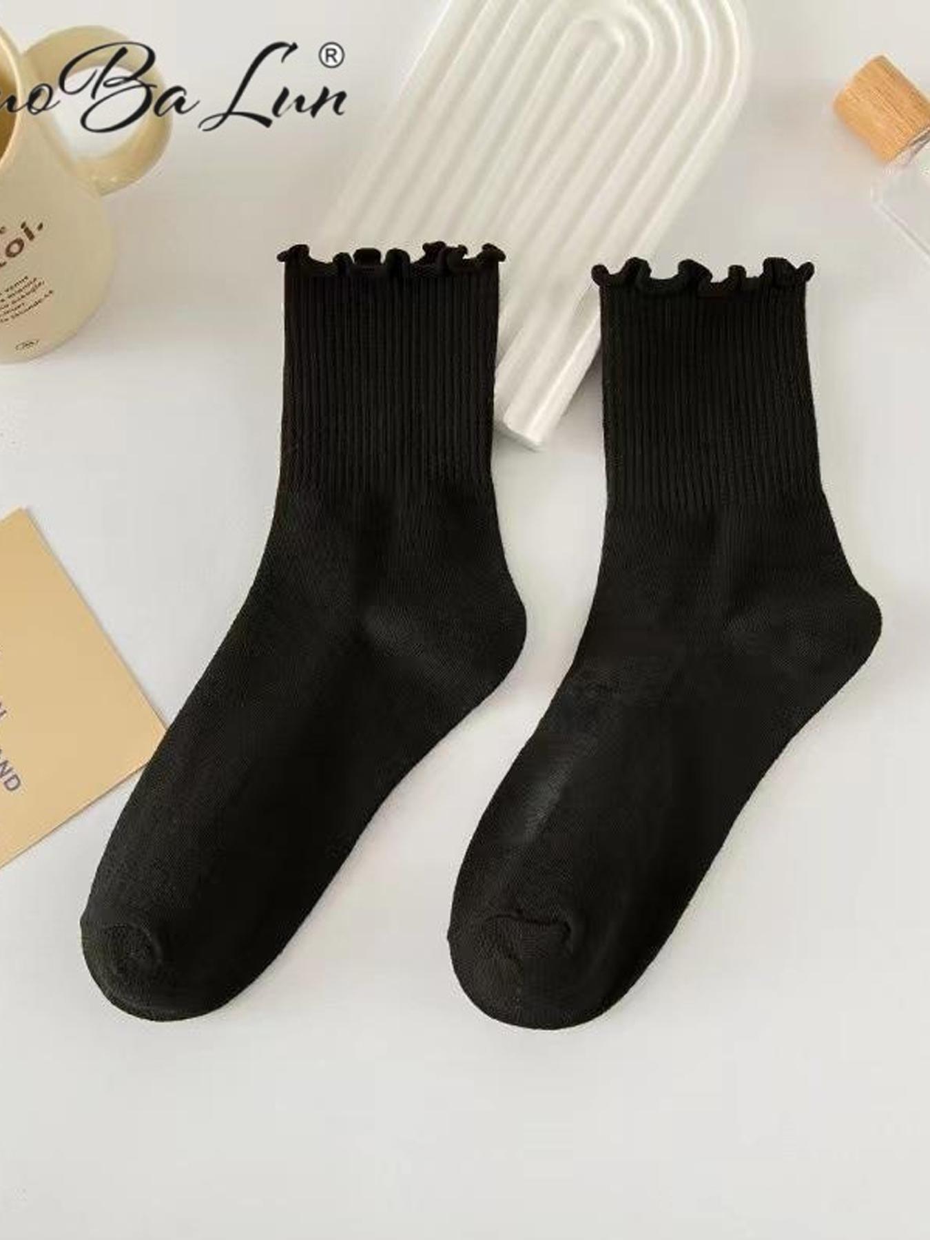 Women's Solid Lettuce Trim Crew Socks, Casual Comfy Breathable Socks for Daily Wear, Multipack Knit Socks for All Seasons