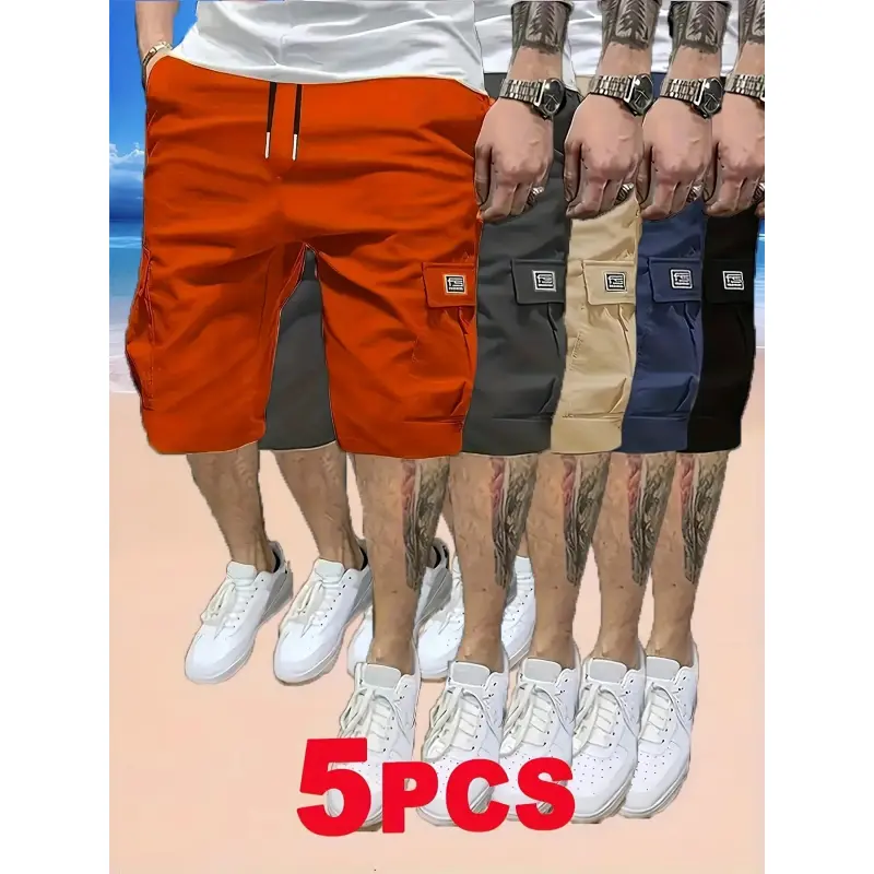 Men’s Loose-Fit 5-Pack Polyester Sports Shorts - Summer Trendy Casual, Multi-Pocket, Durable, Anti-Pilling, Wear-Resistant, Tear-Resistant, Breathable, Versatile, Machine Washable, Suitable for Outdoor Leisure, Polyester Clothes, Menswear, Plain, Outdoor