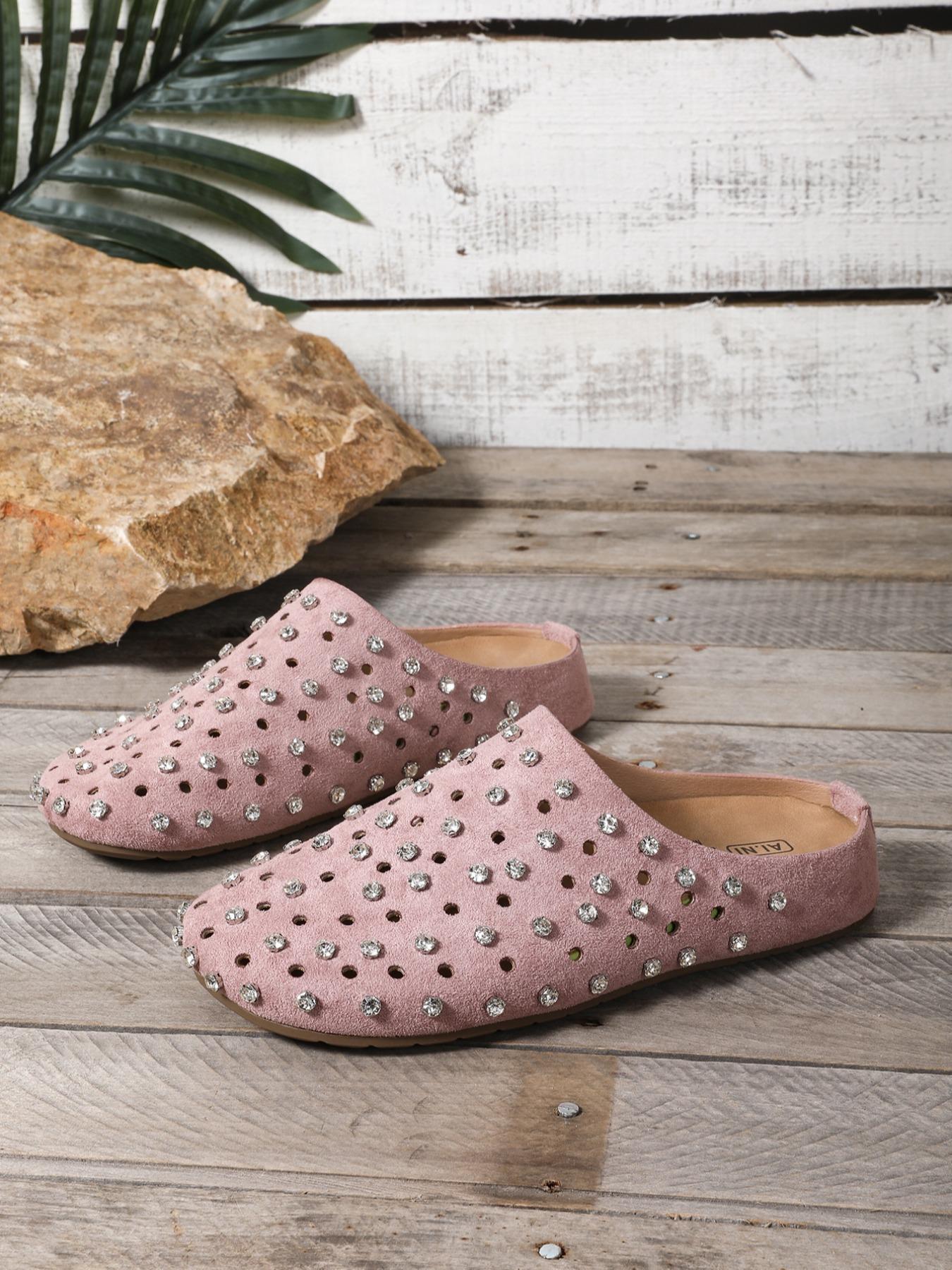 Fashionable Studded Decor Mule Sandals, Slip On Mules, Casual Comfortable Flat Sandals for Beach, Summer Trendy Barefoot Shoes for Women & Girls, Footwear