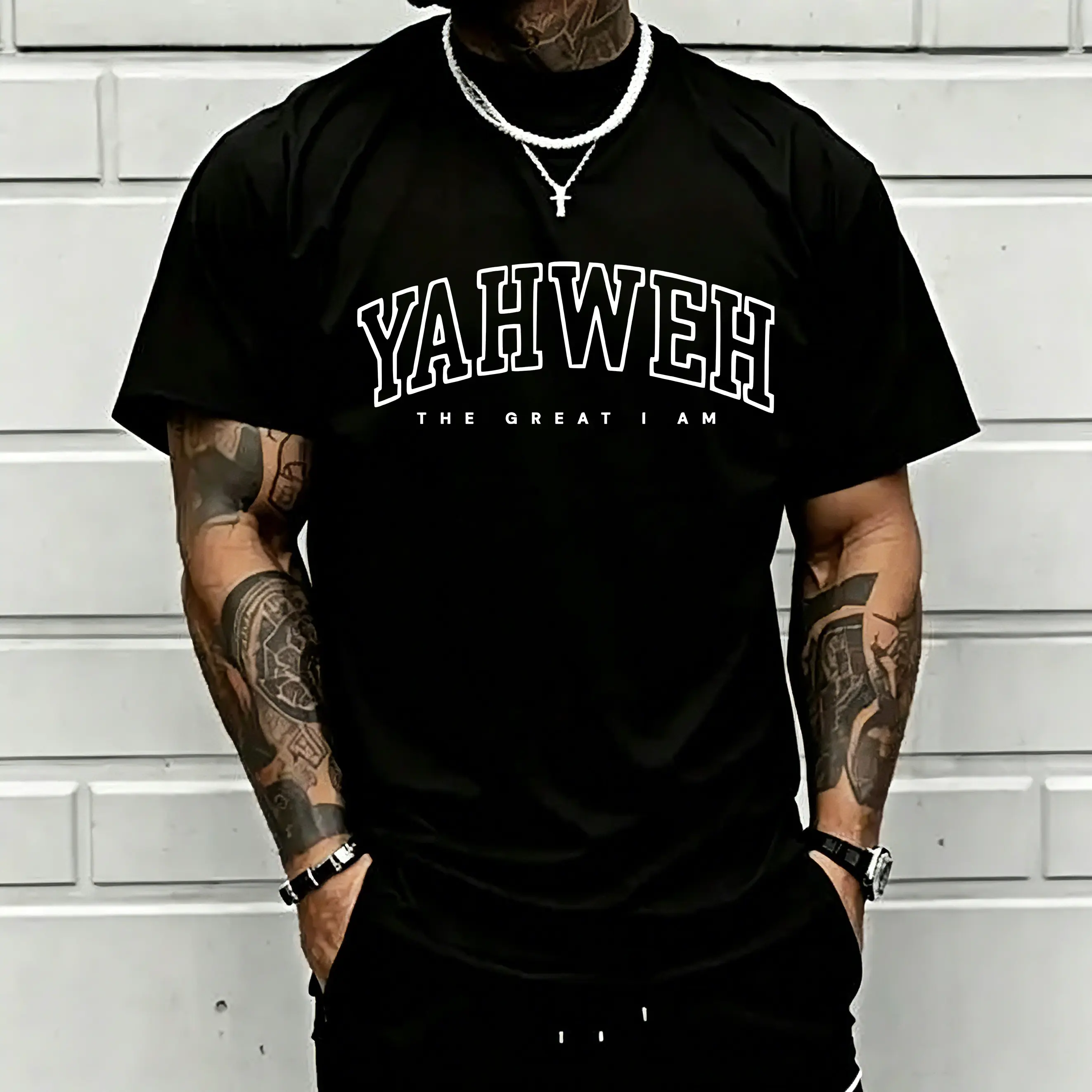 Men's Yahweh The Great I Am Graphic Print Crew Neck T-Shirt - Unisex 100% Cotton Short-Sleeve, Classic Casual Soft Inspirational Religious Faith Premium Fabric Apparel, Outdoor