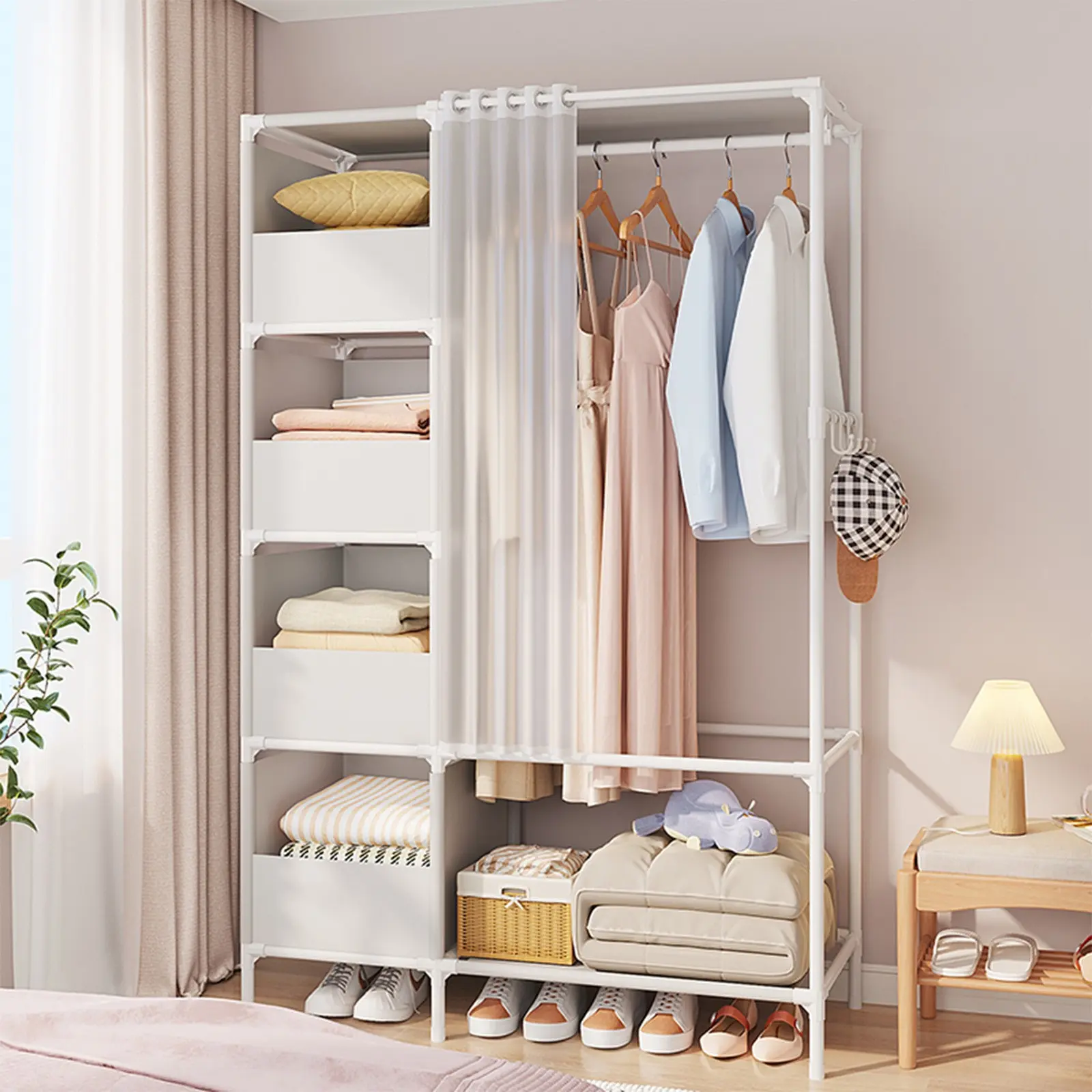 Movable Wardrobe Storage, Robust Portable Closet, Semi-Open Standalone Wardrobe Featuring 4 Storage Drawers And a Curtain, Ideal for Bedrooms, Dorms, And Living Rooms, Available in White And Black