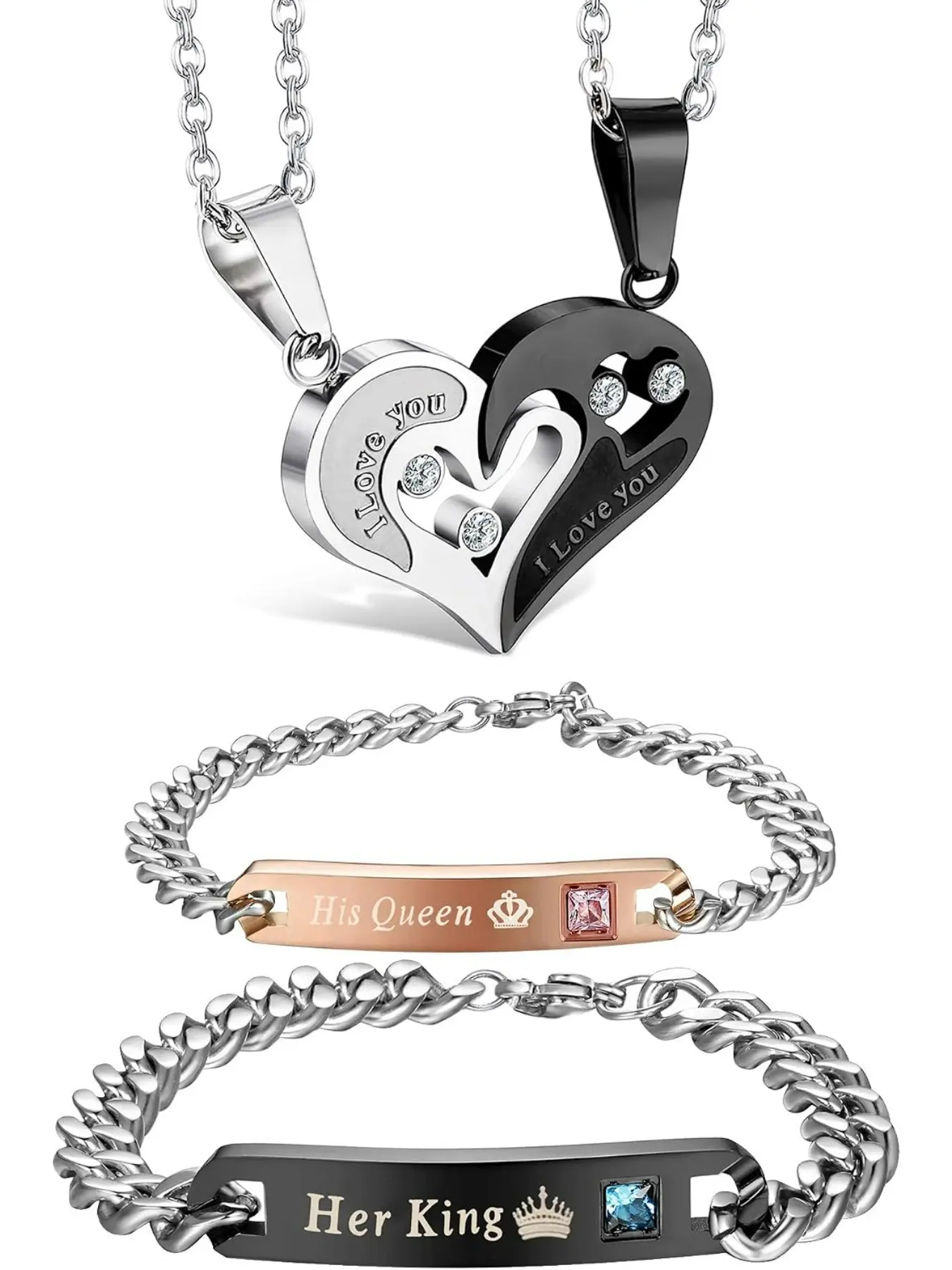 4Pcs Couples Jewelry Set, Matching Necklace Bracelet for Him and Her | Stainless Steel Heart Pendant Necklaces, His Queen /Her King Link Bracelets, Couples Jewelry Set, Valentine's Day Gifts