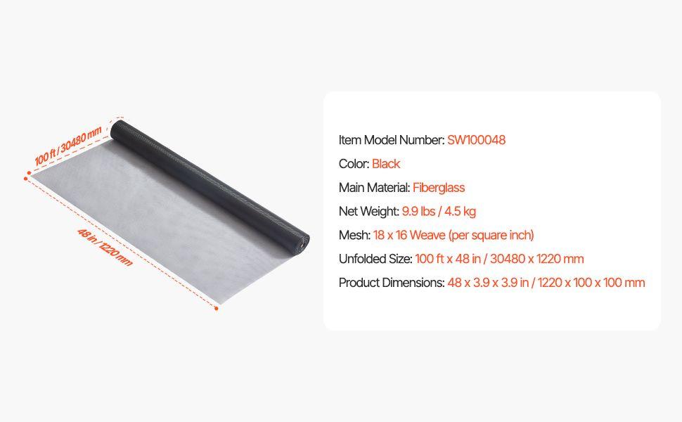 VEVOR Window Screen Replacement 100 ft * 48 in Window Screen Mesh DIY Adjustable