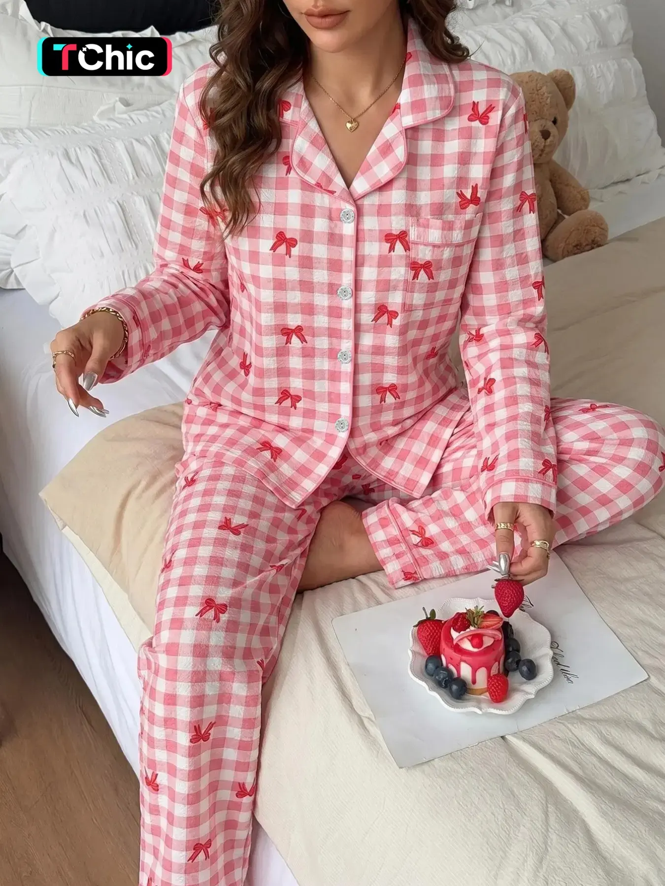 Women's Plaid Bow Print Long Sleeve Pajama Set, Sweet Cute Button Front Top and Pants, Casual Home Wear Sleepwear Loungewear, Loungewear And Homewear