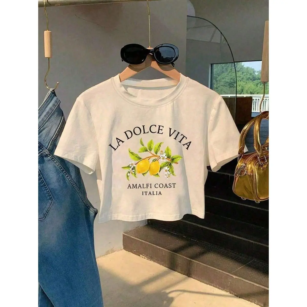 Women's 90s Y2K Boxy Fit Cropped Graphic T-Shirt, Crew Neck Short Sleeve Cotton Tee, Lemon & Letter Combination Print, Casual Fruit Pattern Streetwear