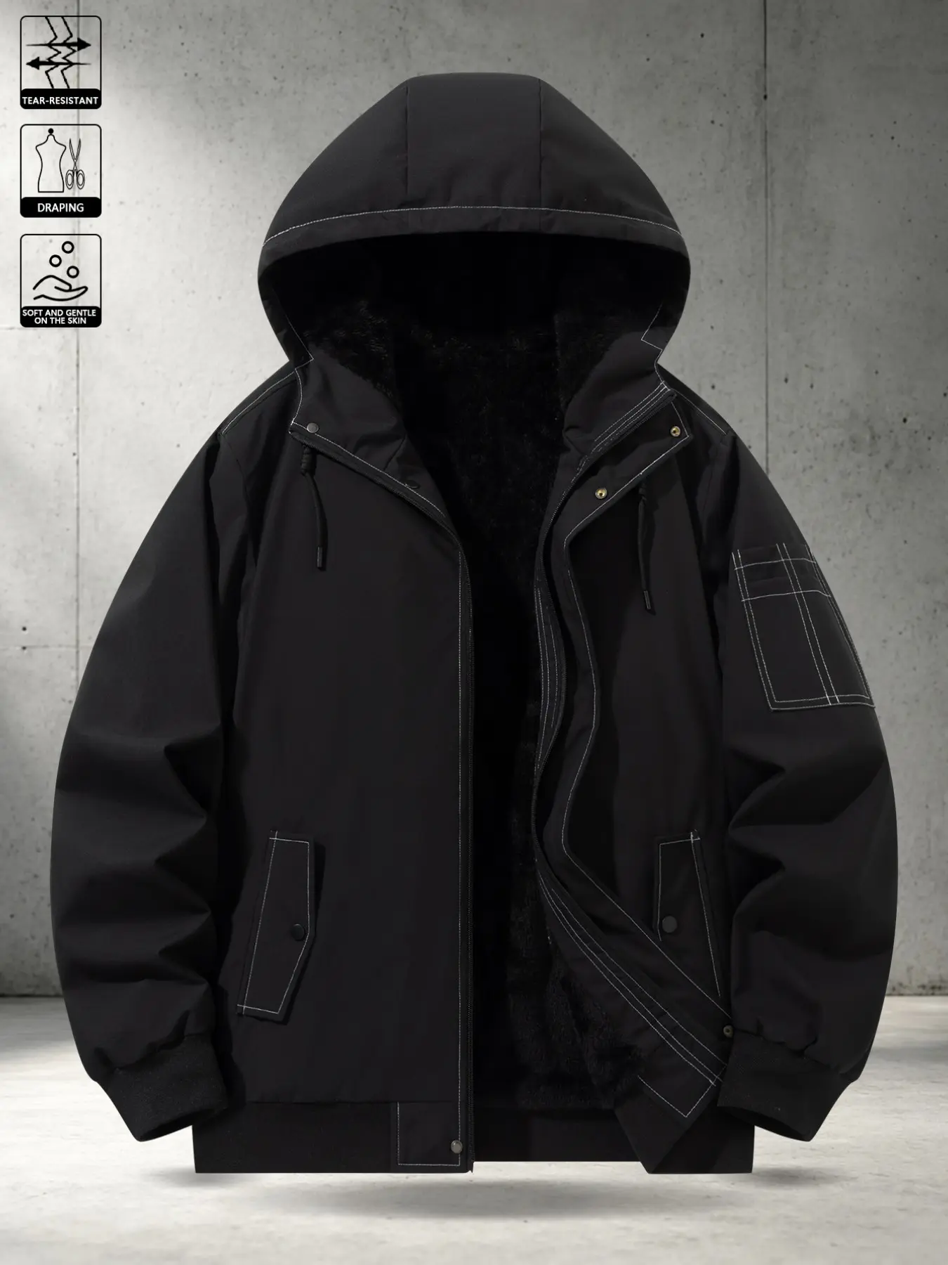 Contrast Stitch Hoodie Work Jacket, Men's Functional Casual Outerwear, Long Sleeve Zip-Up Flying Jacket, All Seasons, Coats