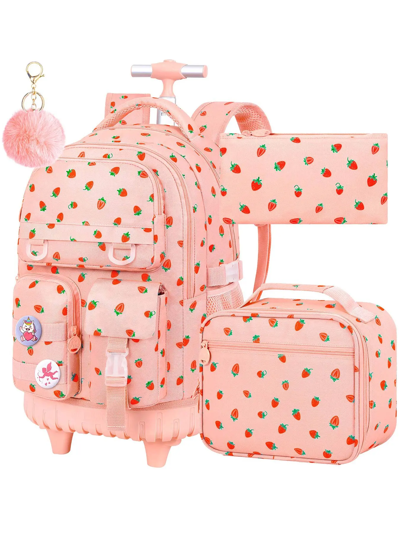 Cute Strawberry Print Kids Rolling Backpack Kit For Girls, 4 Piece Trolley School Bag Set Includes Lunch Bag Pencil Case Fluffy Key Charm