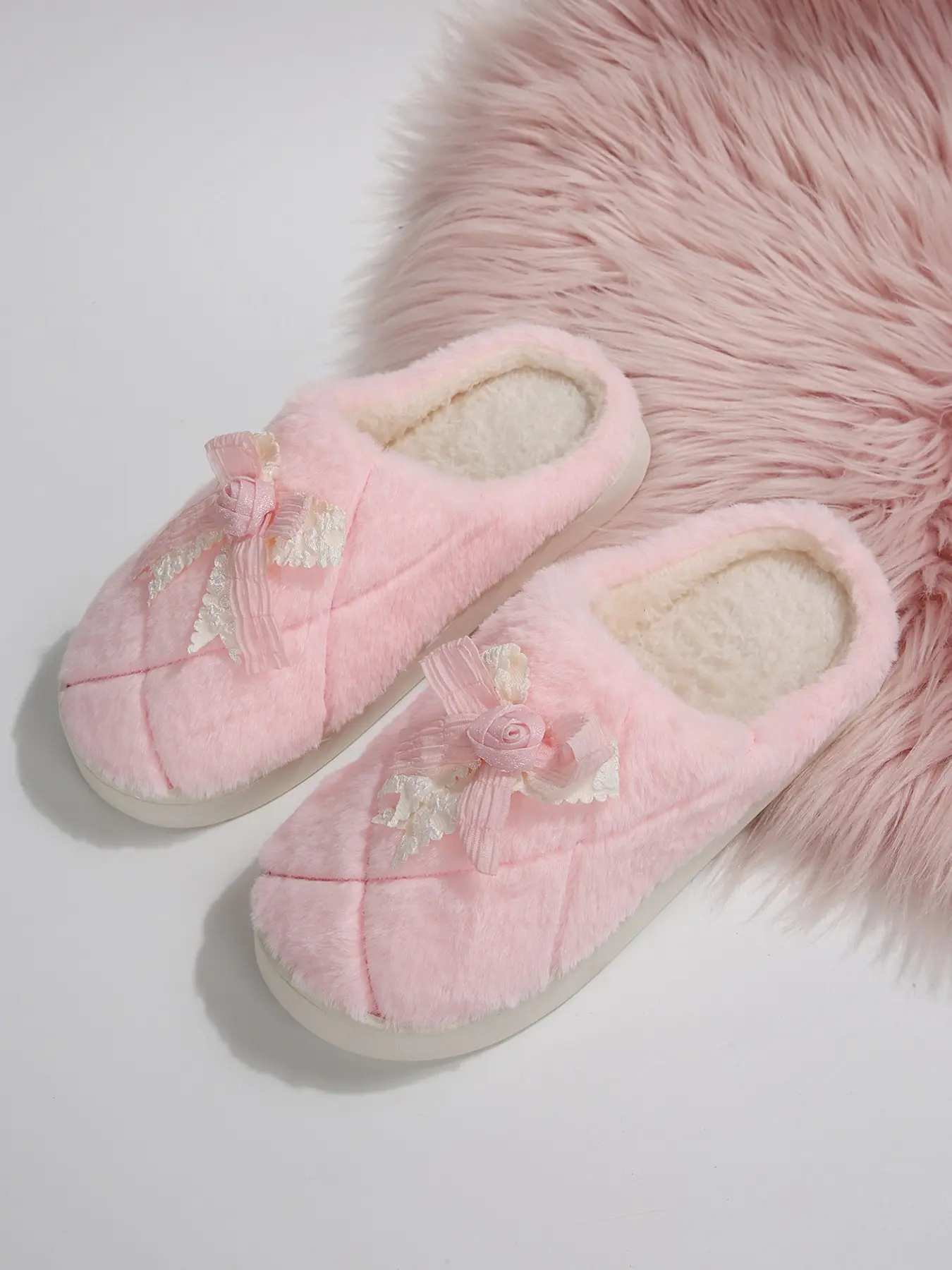Sweet Floral Bow Fuzzy Slip-On Shoes for Women, Fall Winter Home Slippers, Non-Slip Soft Sole, Warm Plush Princess Style