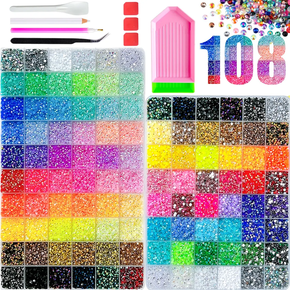 1Set Creative 108 Colors Mini Flatback Semi-circular Nail Bedazzling Rhinestones Kit 3mm New Two Boxes AB Colored Resin Gems Diamond Nail Decorations DIY Ornaments Nail Art