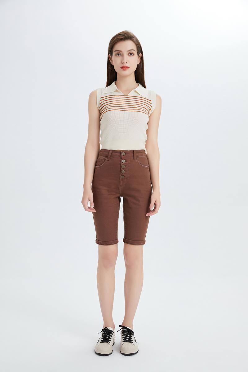 Retro Brown High Waist Denim Shorts, Button Fly Knee Length Bermuda |   Must-Have Y2K Streetwear