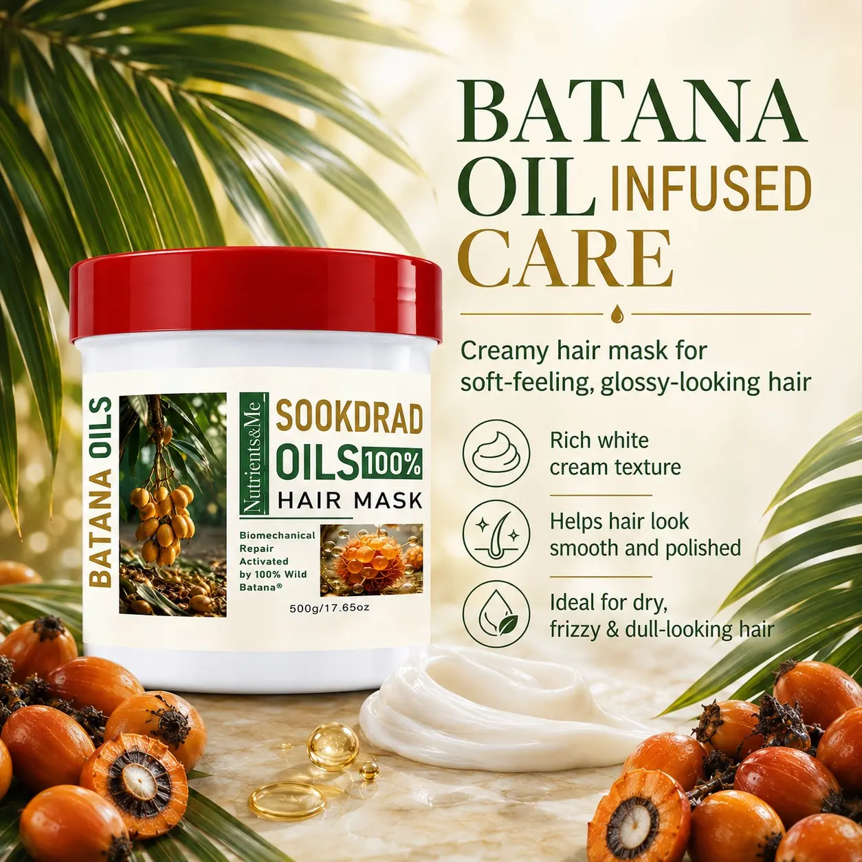 Batana Oil Hair Mask, 100% Wild Batana, Biomechanical Repair, Deep Nourish, All Hair Types Care, 500g/17.65oz