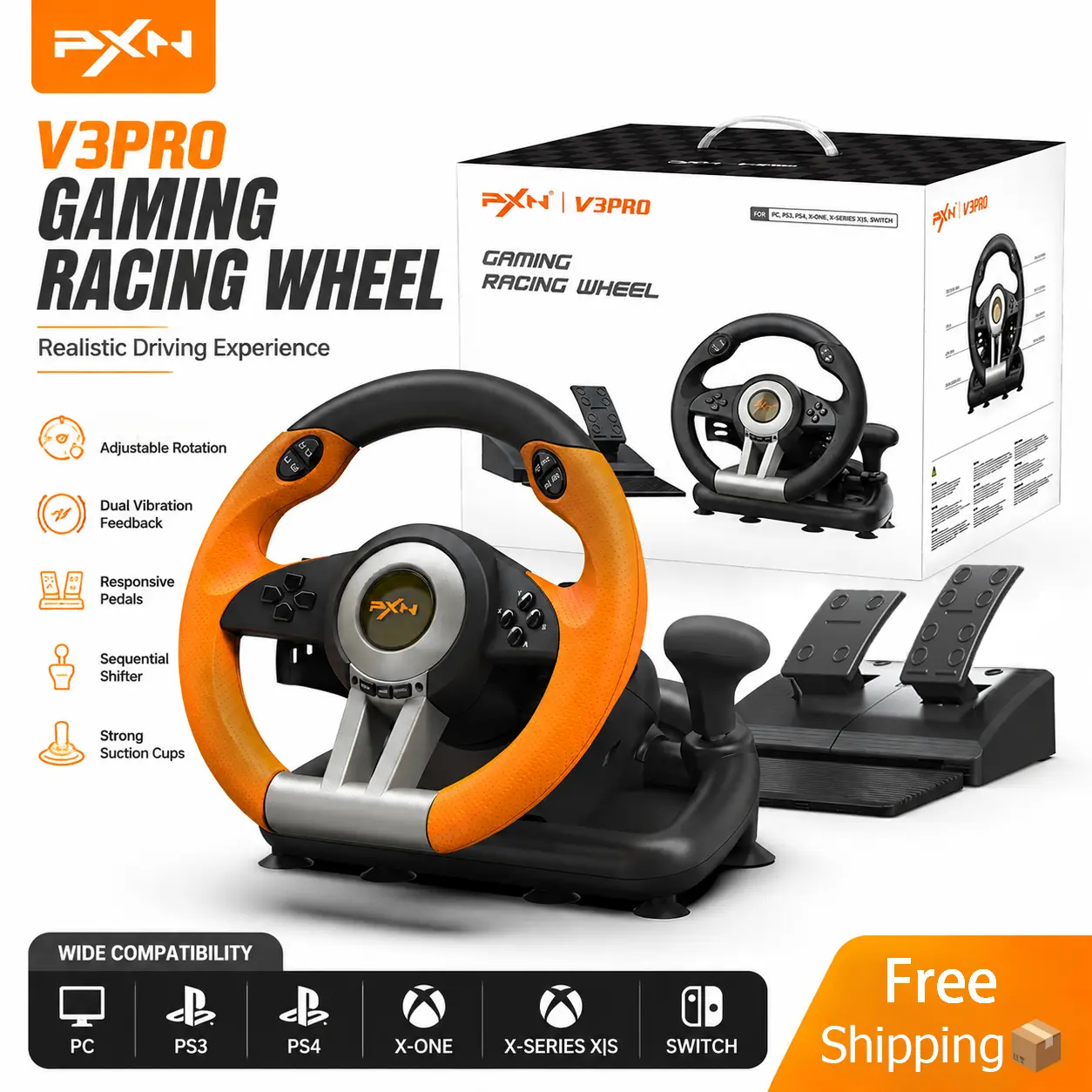 PXN V3 Pro Racing Steering Wheel with Pedals, 180° Rotation Driving Simulator for PC, PS4, PS3, Xbox 1, Switch