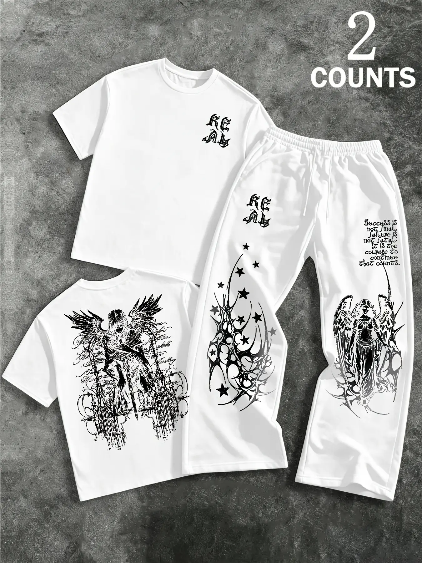 2-Piece Men's Streetwear Set, Oversized Gothic Dark Angel Round Neck Graphic T-Shirt + Baggy Pants, Black Y2K Grunge Aesthetic Outfit, Casual Hip Hop Tracksuit with Star Print, for Teen & Young Adults, Daily Wear & Street Style