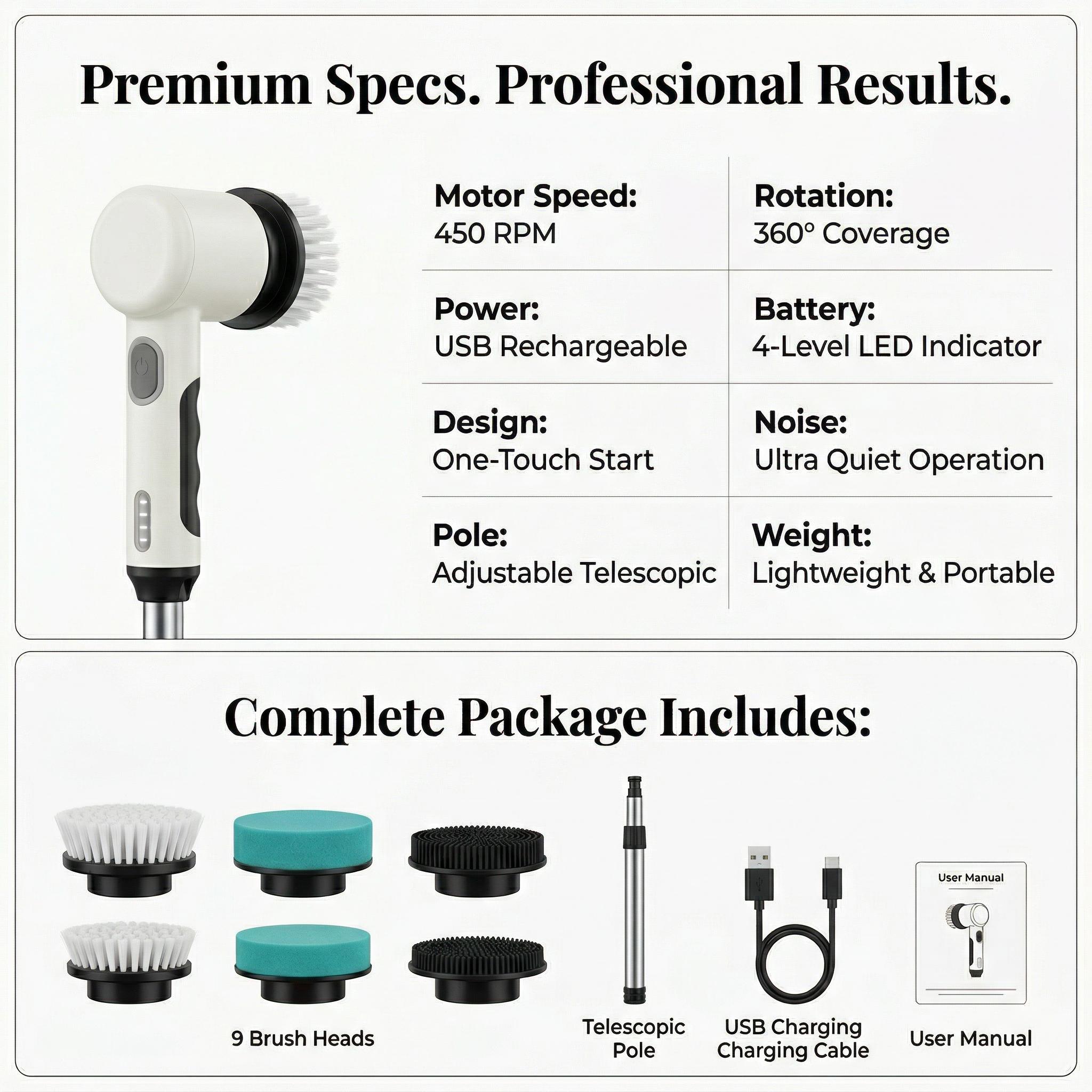 Pro-Series 9-in-1 Electric Spin Scrubber| Ultimate Power Scrubber for Deep Cleaning| IPX7 Waterproof & Cordless| 9 Interchangeable Heads| For Bathroom, Kitchen, Floor & Car